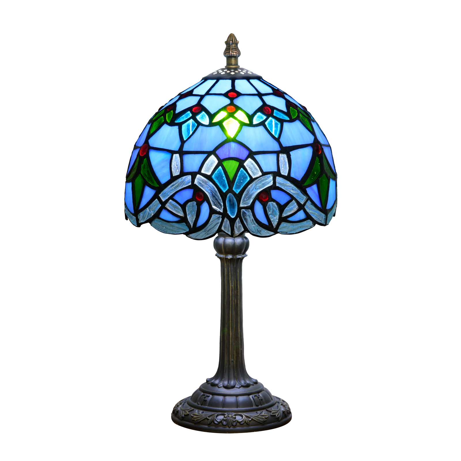 Blivuself Vintage Blue Baroque Tiffany Table Lamp, 8 Inch Handcrafted Stained Glass Art Deco Nightstand Lamp with Antique Bronze Finish Aluminium Alloy Base, Jeweled Bedside Light for Bedroom, Living Room, Office, Home Decor OFU1409