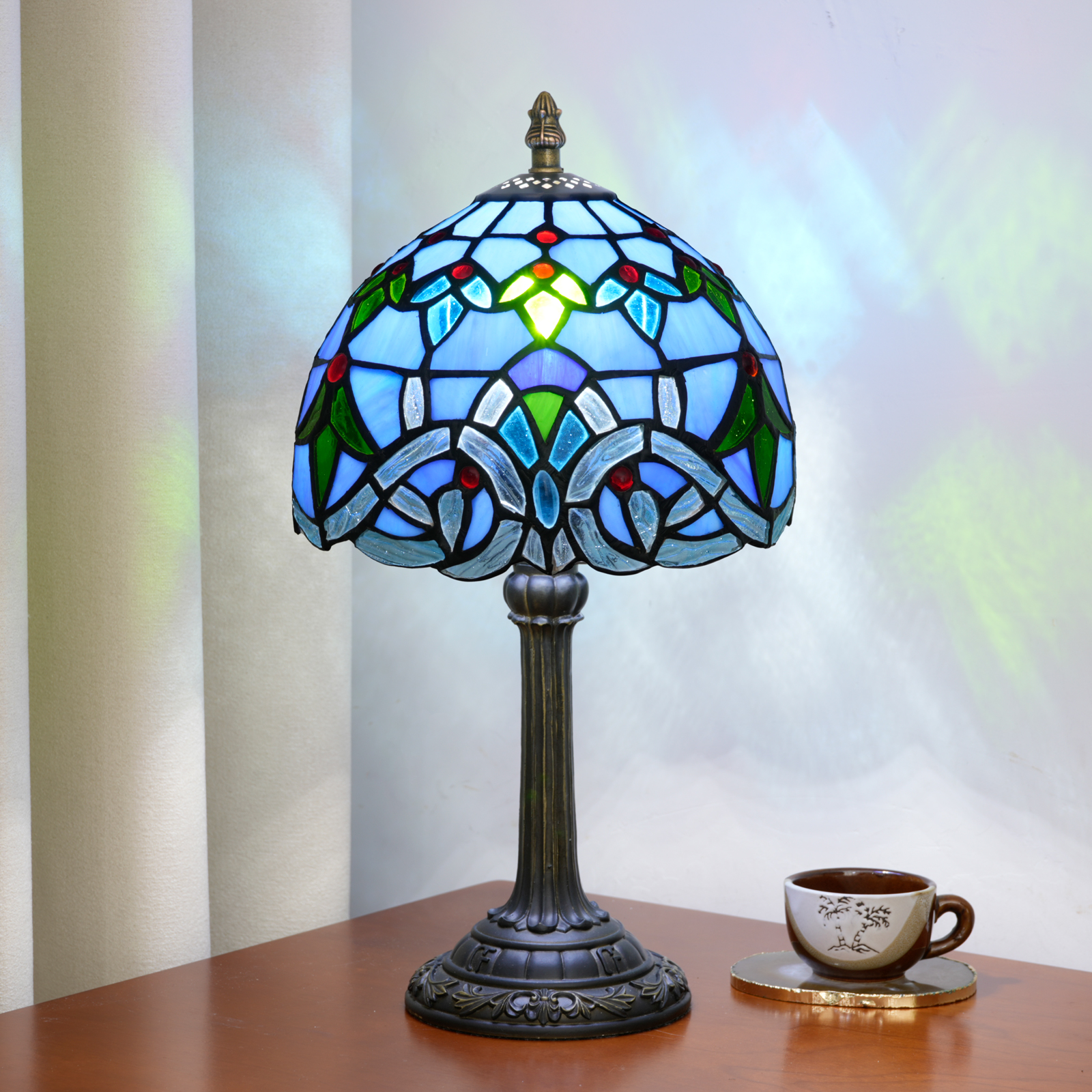 Blivuself Vintage Blue Baroque Tiffany Table Lamp, 8 Inch Handcrafted Stained Glass Art Deco Nightstand Lamp with Antique Bronze Finish Aluminium Alloy Base, Jeweled Bedside Light for Bedroom, Living Room, Office, Home Decor OFU1409