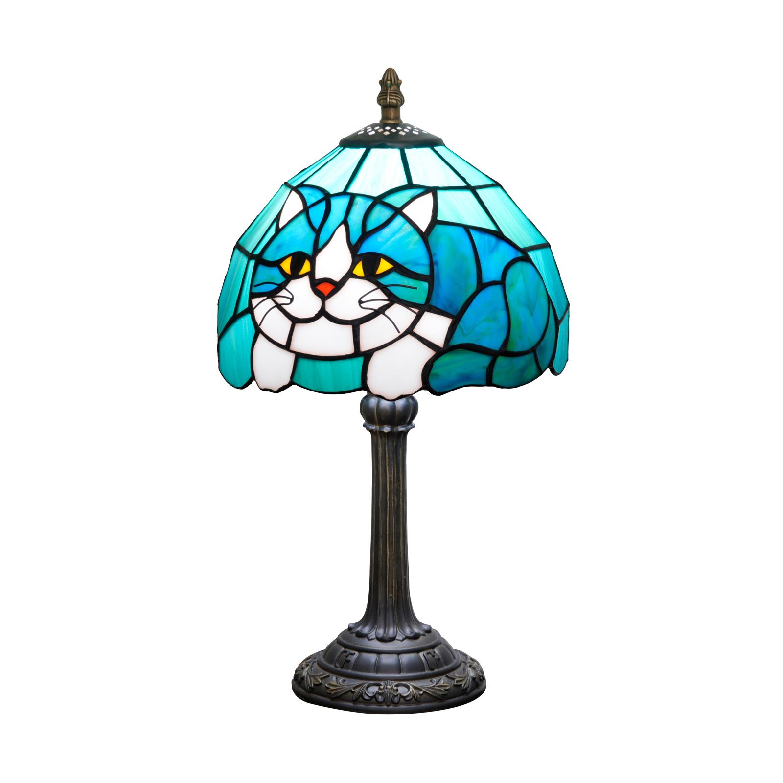 Blivuself Vintage Teal Blue Cat Tiffany Table Lamp, 8 Inch Handcrafted Stained Glass Animal Nightstand Lamp with Antique Bronze Finish Aluminium Alloy Base, Cute Cat Bedside Light for Bedroom, Living Room, Kids Room, Nursery, Home Decor OFU1445