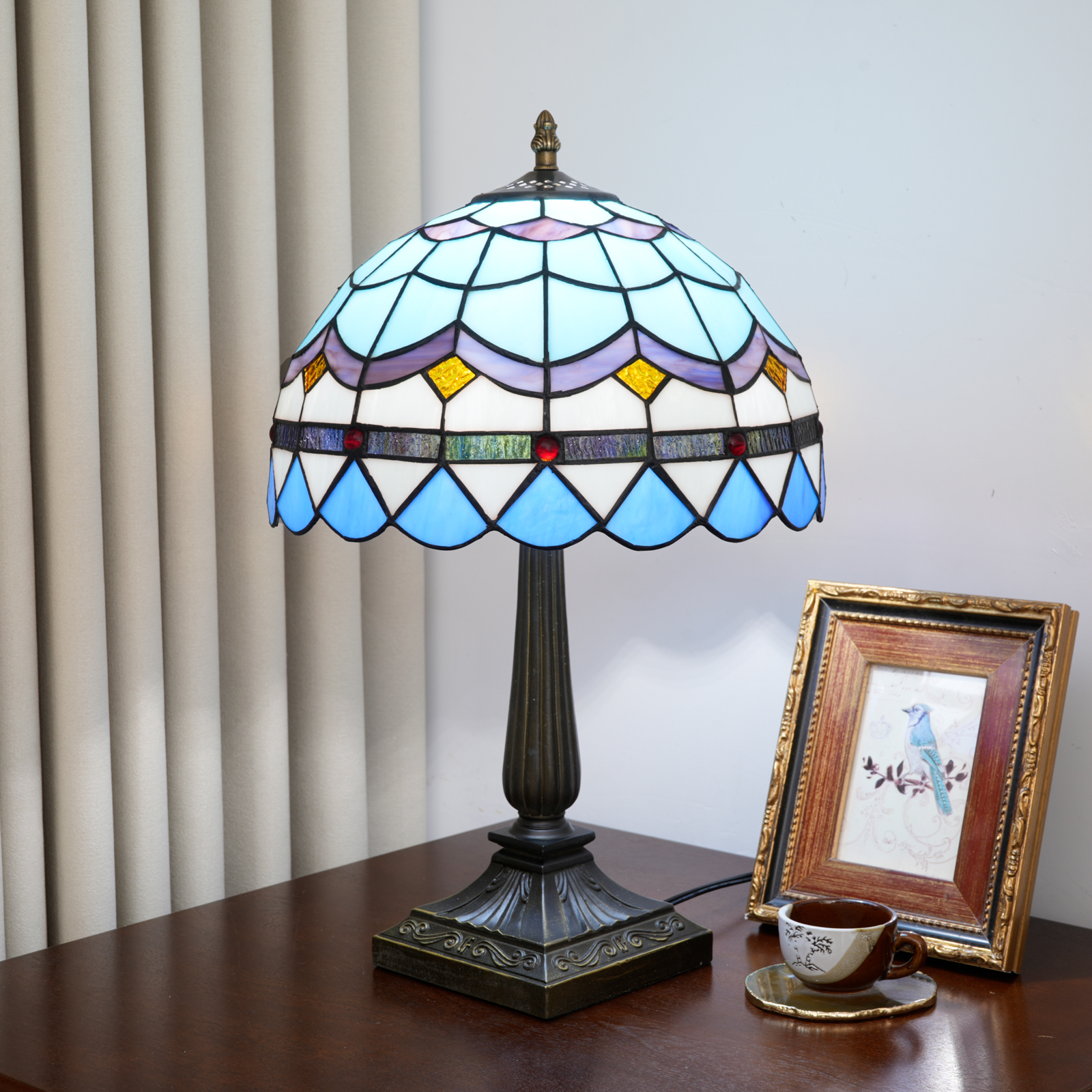 Blivuself 12 Inch Tall Tiffany Style Light Blue Geometric Glass Lamp, Retro Art Deco Accent Table Light with Colorful Geometric Stained Glass Shade, Ocean-Inspired Design, Jewel Embellished, Antique Bronze Finished Base, Inline Switch, Suitable for Bedroom, Living Room, Office, Farmhouse, Coastal Home Decor OFT1397