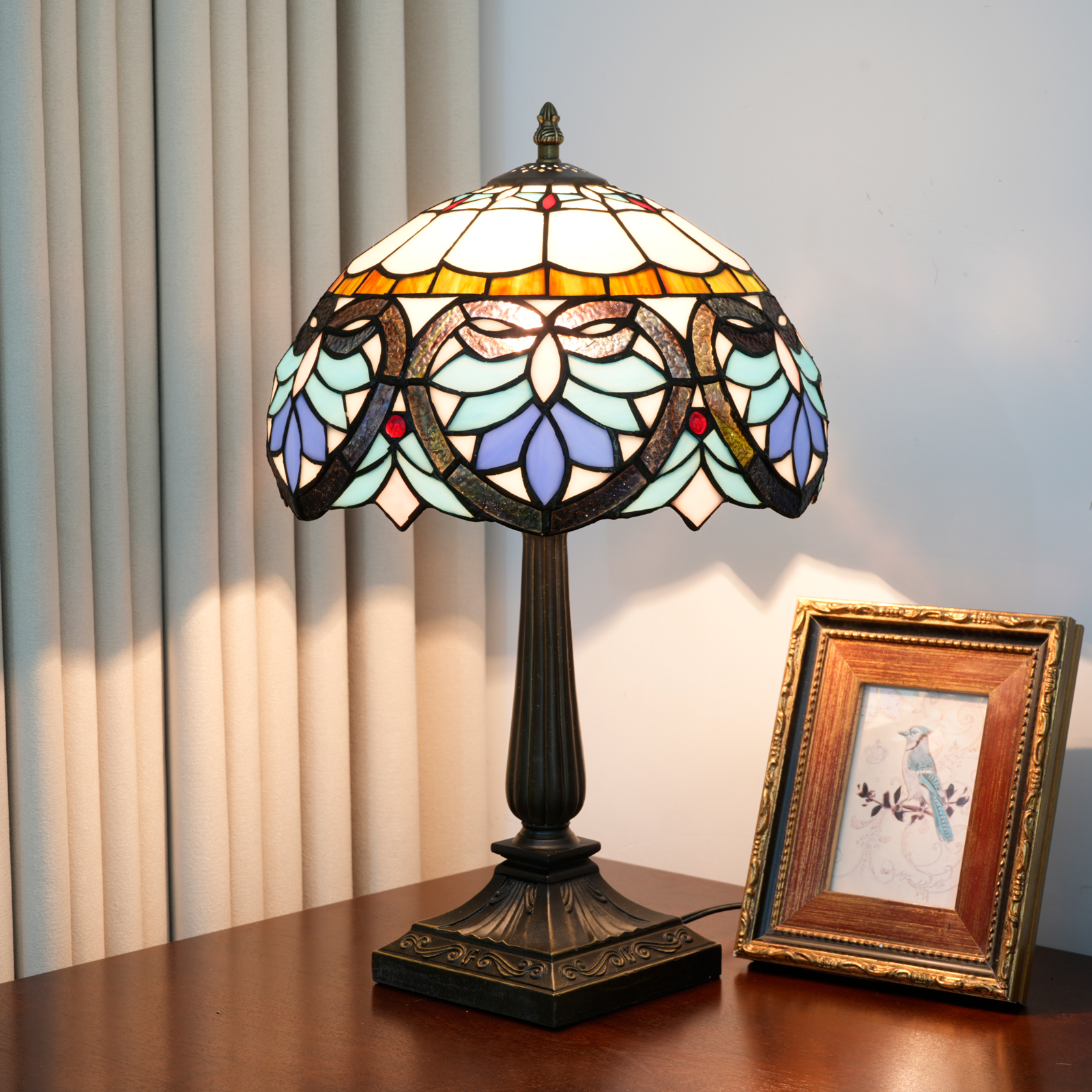 Blivuself Vintage Tiffany Style Art Deco Geometric Table Lamp, 12 Inch Handcrafted Stained Glass Nightstand Light with Multicolor Blue, Orange and White Pattern, Jewel Embellished Accent Lamp, Antique Bronze Metal Base, 57 Inch Cord, Ideal for Bedroom, Living Room, Home Office, Rustic & Retro Decor OFT1399