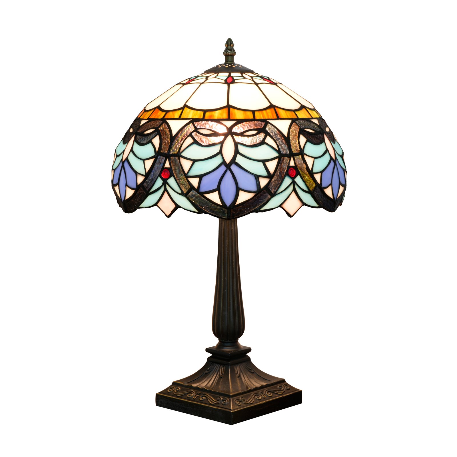 Blivuself Vintage Tiffany Style Art Deco Geometric Table Lamp, 12 Inch Handcrafted Stained Glass Nightstand Light with Multicolor Blue, Orange and White Pattern, Jewel Embellished Accent Lamp, Antique Bronze Metal Base, 57 Inch Cord, Ideal for Bedroom, Living Room, Home Office, Rustic & Retro Decor OFT1399