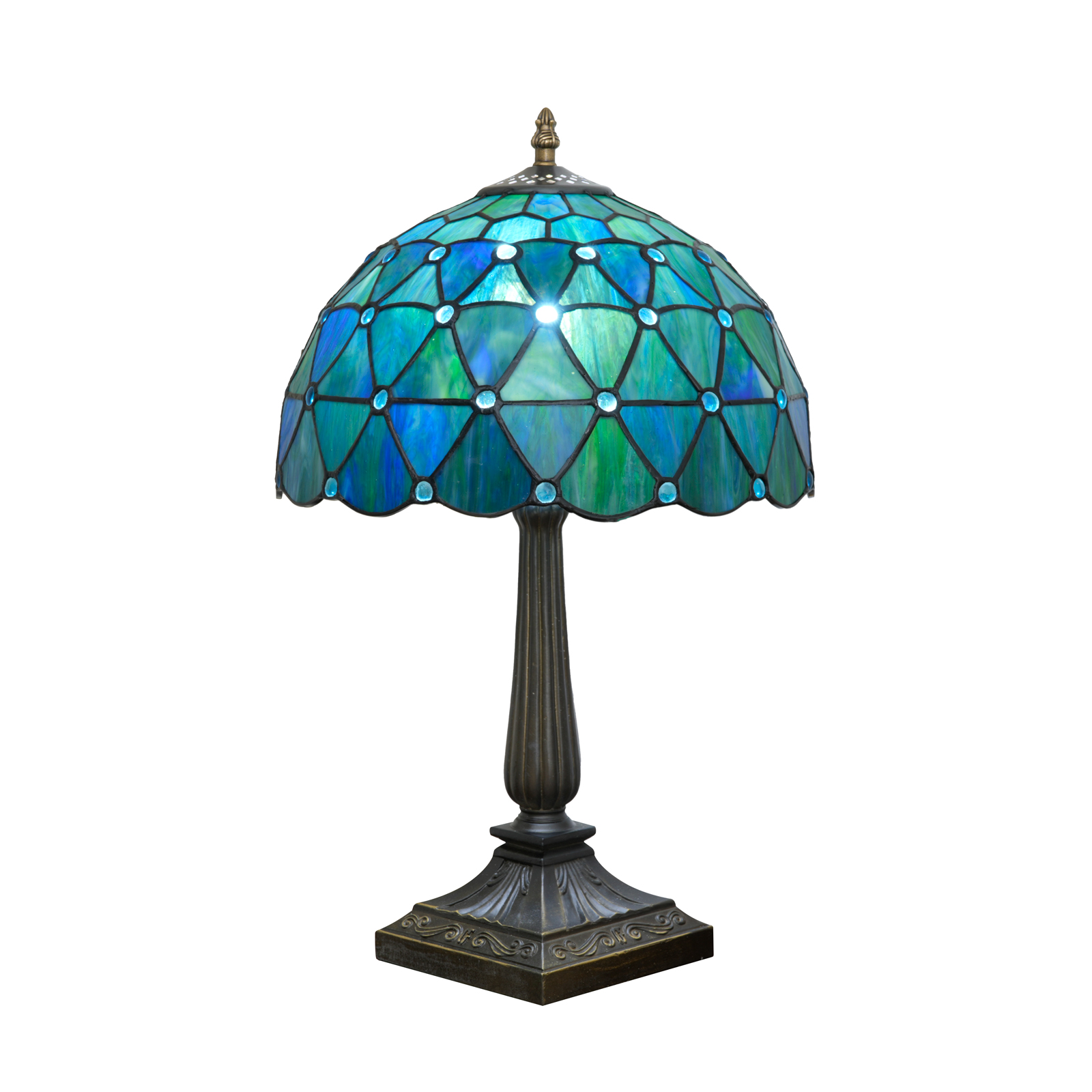 Blivuself Vintage Tiffany Style Teal Blue Green Geometric Table Lamp, 12 Inch Handcrafted Stained Glass Nightstand Light with Jewel Trim, Art Deco Ocean Themed Accent Lamp, Antique Bronze Metal Base, 57 Inch Cord, Ideal for Bedroom, Living Room, Home Office, Rustic & Beach House Decor OFT1400