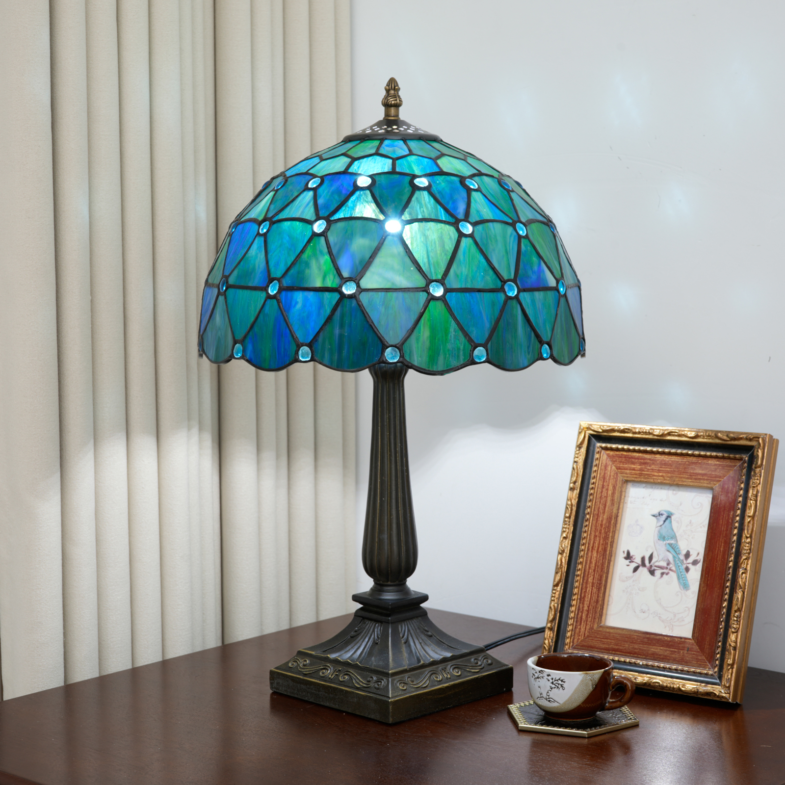 Blivuself Vintage Tiffany Style Teal Blue Green Geometric Table Lamp, 12 Inch Handcrafted Stained Glass Nightstand Light with Jewel Trim, Art Deco Ocean Themed Accent Lamp, Antique Bronze Metal Base, 57 Inch Cord, Ideal for Bedroom, Living Room, Home Office, Rustic & Beach House Decor OFT1400
