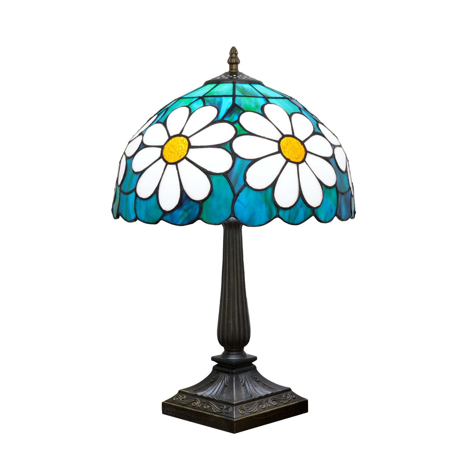 Blivuself 12 Inch Tall Tiffany Style Daisy Flower Glass Lamp, Retro Floral Art Deco Accent Table Light with Vibrant White Daisy and Teal Blue Stained Glass Shade, Handcrafted Nature Design, Antique Bronze Finished Base, Inline Switch, Suitable for Bedroom, Living Room, Office, Farmhouse, Cottage Home Decor OFT1401