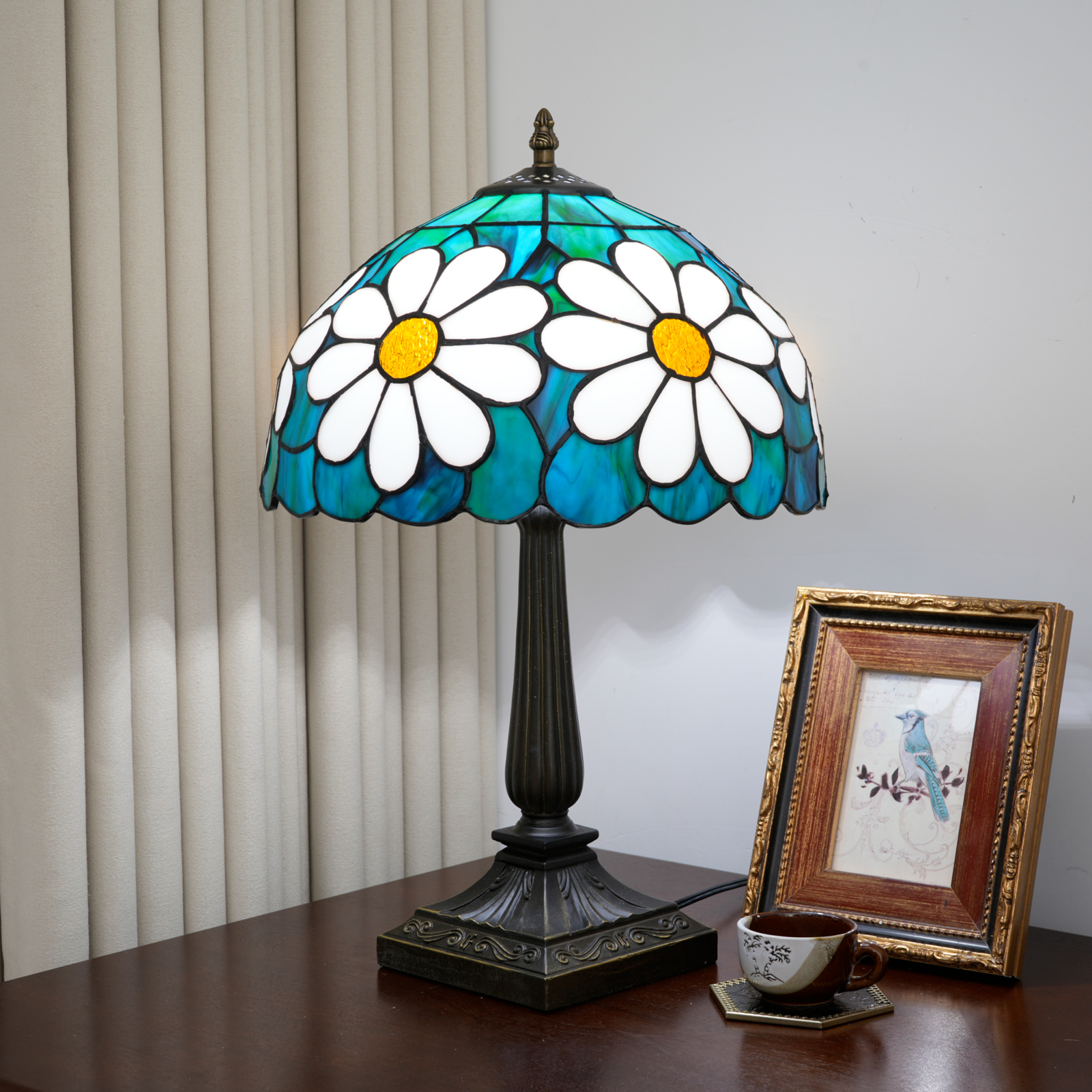Blivuself 12 Inch Tall Tiffany Style Daisy Flower Glass Lamp, Retro Floral Art Deco Accent Table Light with Vibrant White Daisy and Teal Blue Stained Glass Shade, Handcrafted Nature Design, Antique Bronze Finished Base, Inline Switch, Suitable for Bedroom, Living Room, Office, Farmhouse, Cottage Home Decor OFT1401