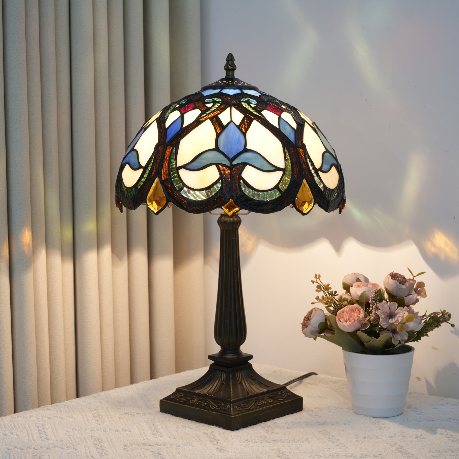 Blivuself Vintage Tiffany Style Art Nouveau Floral Table Lamp, 12 Inch Handcrafted Stained Glass Nightstand Light with Multicolor Blue, Cream and Amber Pattern, Jewel Embellished Accent Lamp, Antique Bronze Metal Base, 57 Inch Cord, Ideal for Bedroom, Living Room, Home Office, Rustic & Retro Decor OFT1402