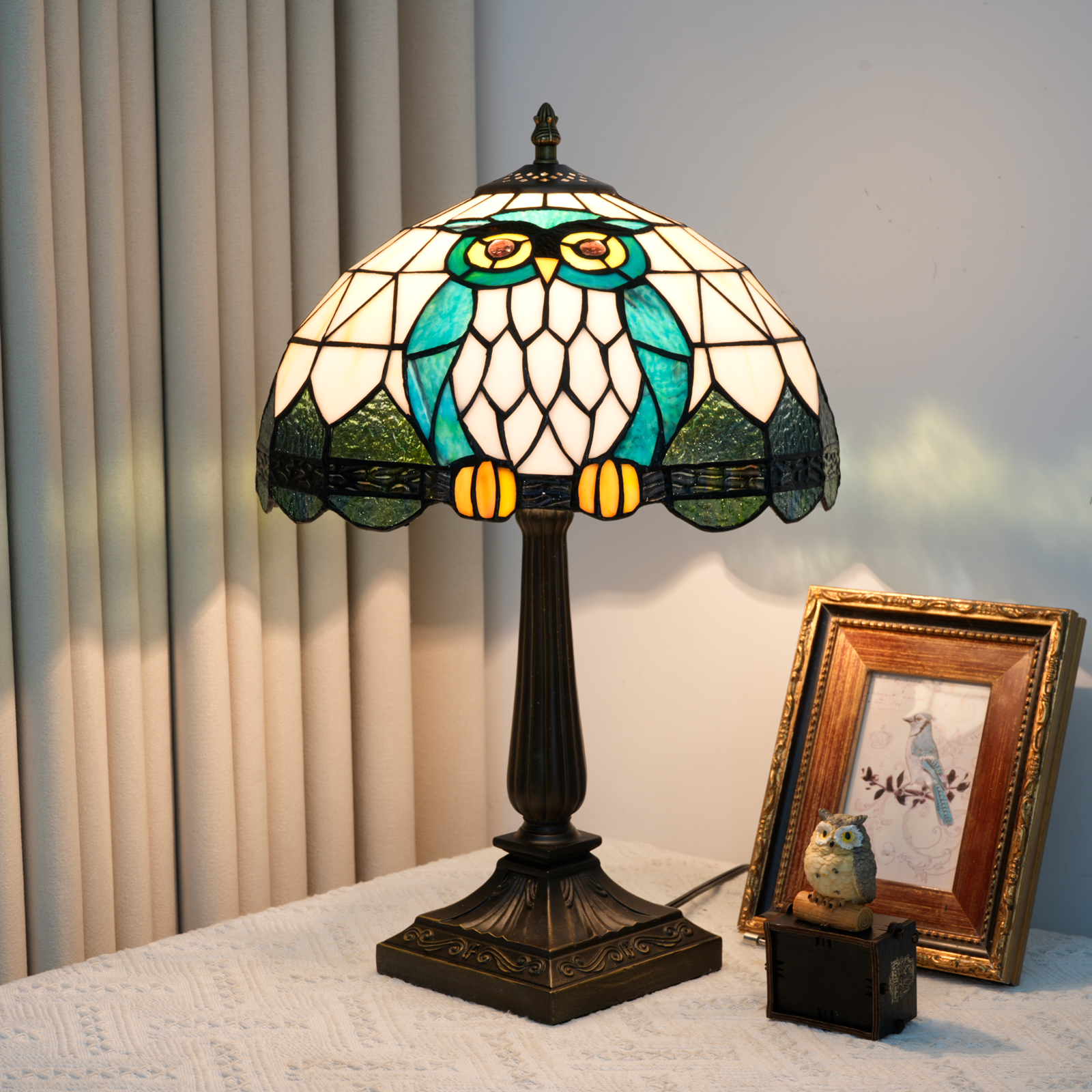 Blivuself Vintage Tiffany Style Owl Animal Table Lamp, 12 Inch Handcrafted Stained Glass Nightstand Light with Cute Owl Pattern, Whimsical Art Deco Accent Lamp, Antique Bronze Metal Base, 57 Inch Cord, Ideal for Bedroom, Living Room, Home Office, Rustic & Boho Decor OFT1430