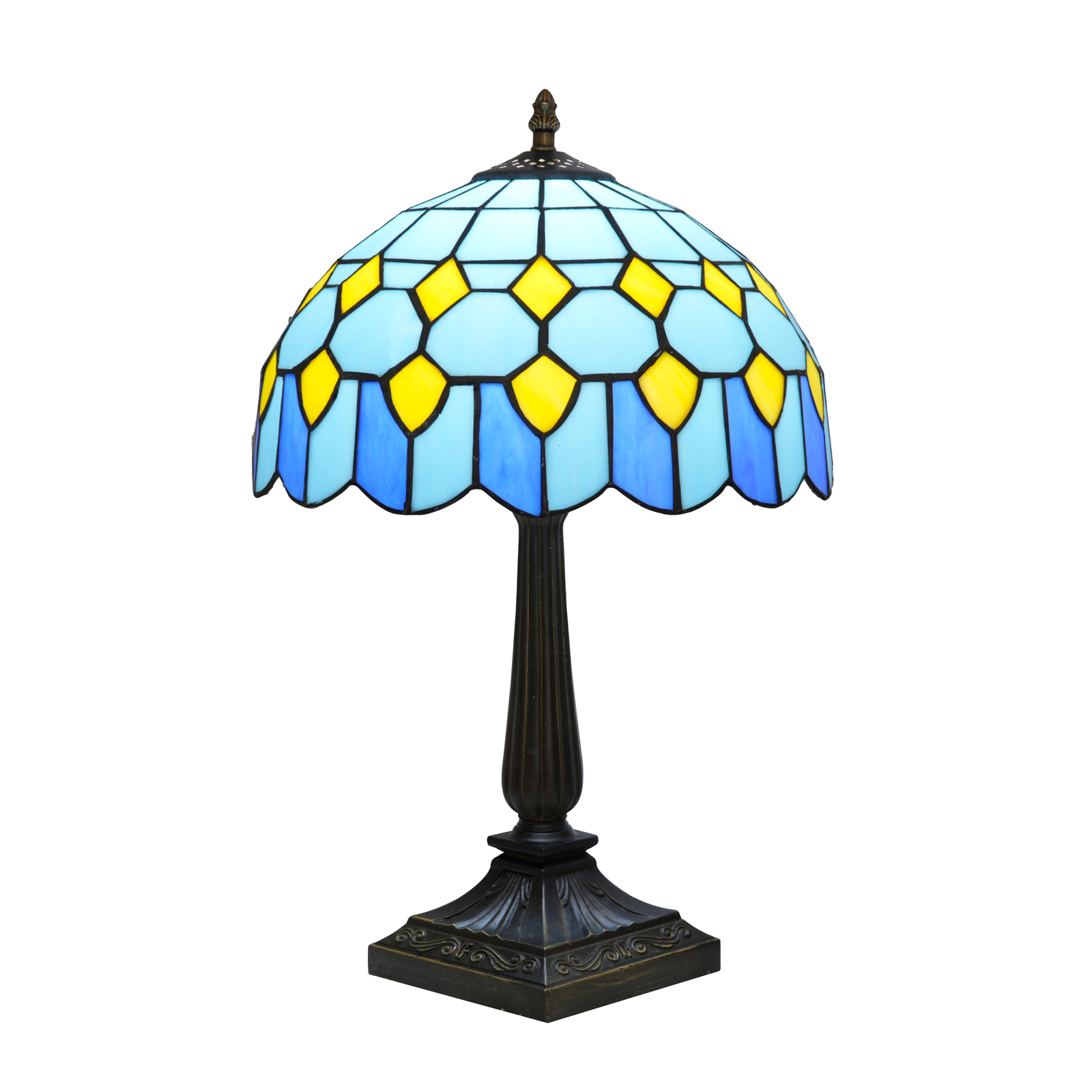 Blivuself Vintage Tiffany Style Light Blue and Yellow Geometric Table Lamp, 12 Inch Handcrafted Stained Glass Nightstand Light with Pastel Blue and Yellow Pattern, Art Deco Coastal Themed Accent Lamp, Antique Bronze Metal Base, 57 Inch Cord, Ideal for Bedroom, Living Room, Home Office, Rustic & Beach House Decor OFT1404