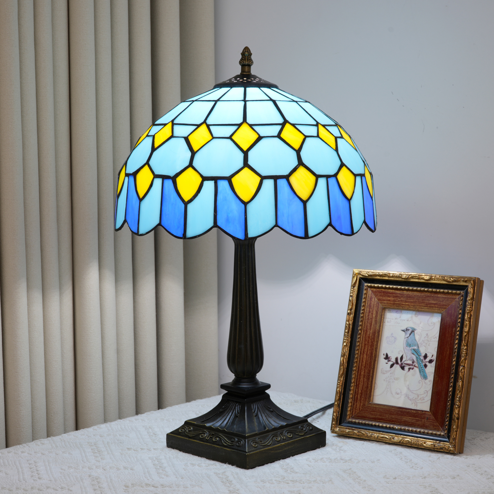 Blivuself Vintage Tiffany Style Light Blue and Yellow Geometric Table Lamp, 12 Inch Handcrafted Stained Glass Nightstand Light with Pastel Blue and Yellow Pattern, Art Deco Coastal Themed Accent Lamp, Antique Bronze Metal Base, 57 Inch Cord, Ideal for Bedroom, Living Room, Home Office, Rustic & Beach House Decor OFT1404