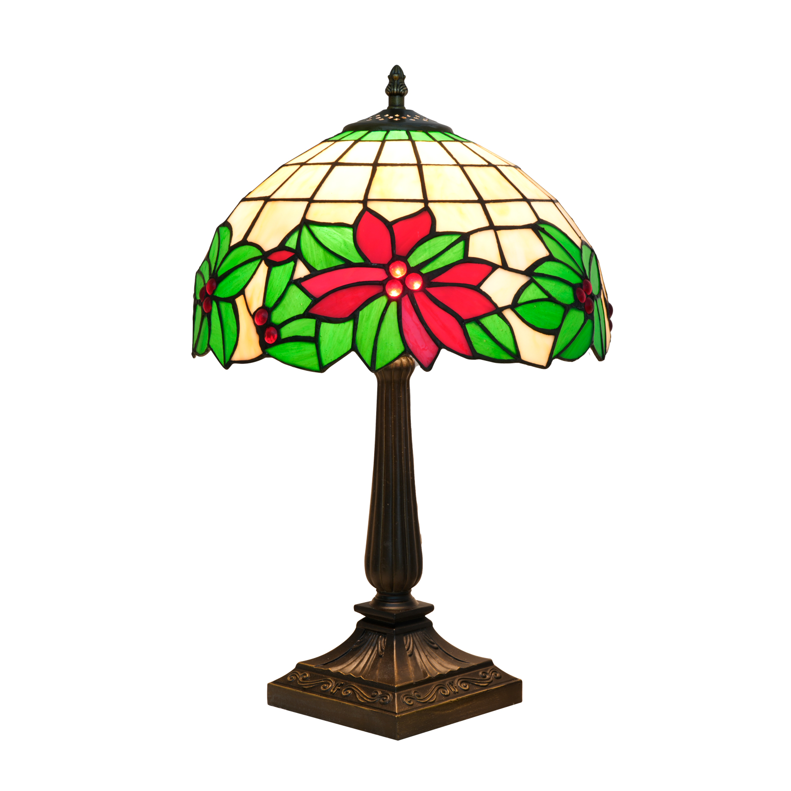 Blivuself 12 Inch Tall Tiffany Style Poinsettia Christmas Glass Lamp, Retro Festive Art Deco Accent Table Light with Vibrant Red Poinsettia and Green Holly Stained Glass Shade, Holiday Floral Design, Antique Bronze Finished Base, Inline Switch, Suitable for Bedroom, Living Room, Office, Farmhouse, Cottage Christmas Home Decor OFT1405