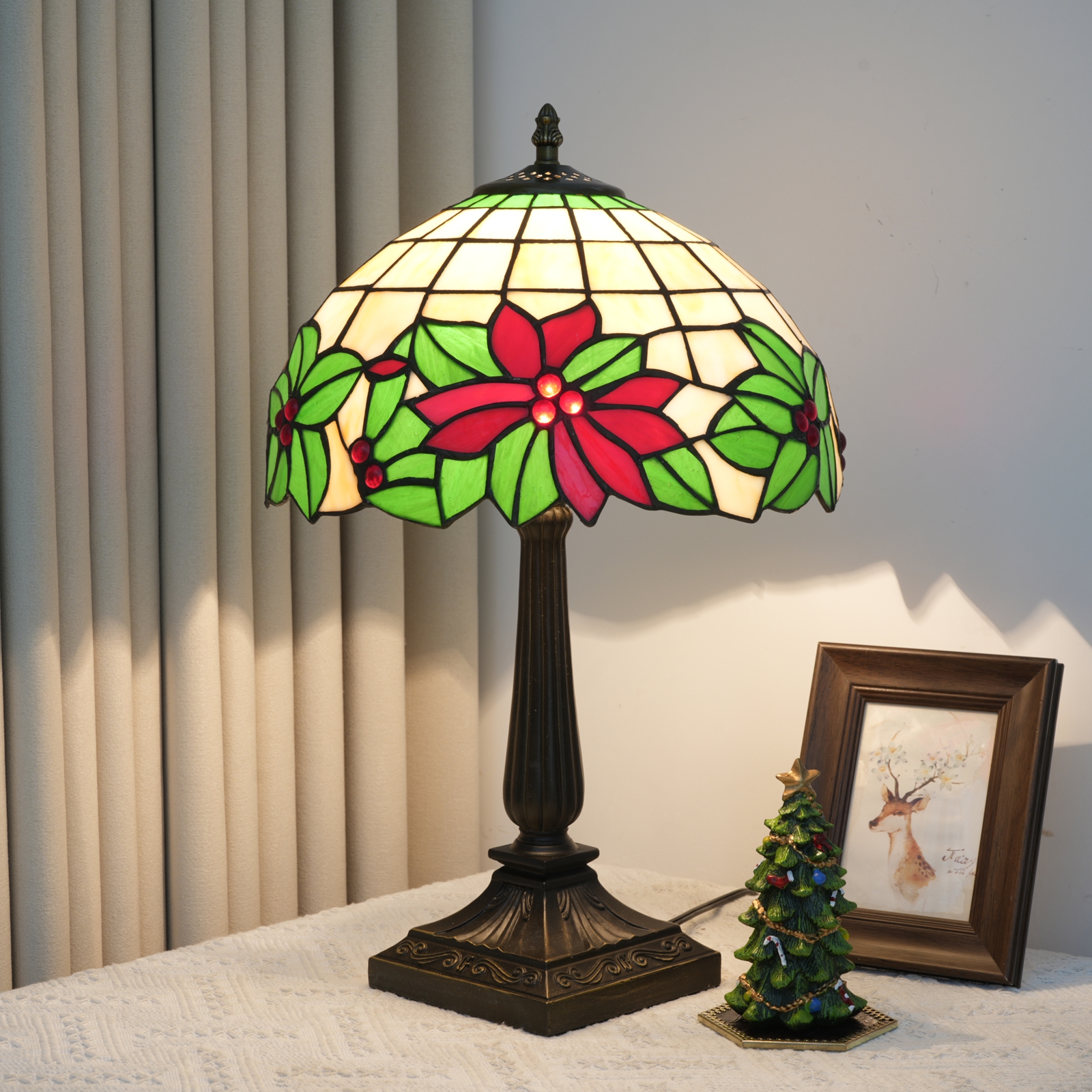 Blivuself 12 Inch Tall Tiffany Style Poinsettia Christmas Glass Lamp, Retro Festive Art Deco Accent Table Light with Vibrant Red Poinsettia and Green Holly Stained Glass Shade, Holiday Floral Design, Antique Bronze Finished Base, Inline Switch, Suitable for Bedroom, Living Room, Office, Farmhouse, Cottage Christmas Home Decor OFT1405