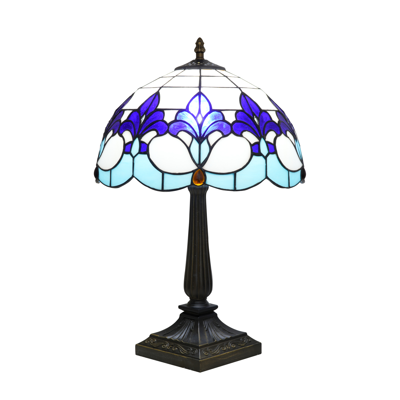 Blivuself 12 Inch Tall Tiffany Style Blue Iris Floral Glass Lamp, Retro Art Deco Accent Table Light with Blue, White and Light Blue Iris Stained Glass Shade, Elegant Floral Design, Jewel Embellished, Antique Bronze Finished Base, Inline Switch, Suitable for Bedroom, Living Room, Office, Farmhouse, Coastal Home Decor OFT1406