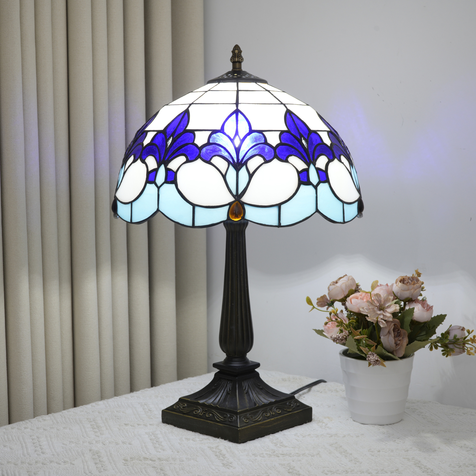 Blivuself 12 Inch Tall Tiffany Style Blue Iris Floral Glass Lamp, Retro Art Deco Accent Table Light with Blue, White and Light Blue Iris Stained Glass Shade, Elegant Floral Design, Jewel Embellished, Antique Bronze Finished Base, Inline Switch, Suitable for Bedroom, Living Room, Office, Farmhouse, Coastal Home Decor OFT1406