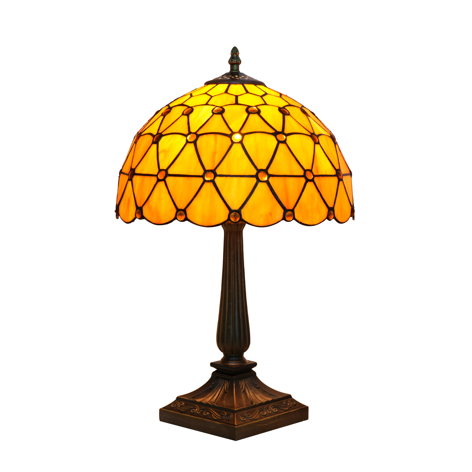 Blivuself Vintage Tiffany Style Amber Geometric Table Lamp, 12 Inch Handcrafted Stained Glass Nightstand Light with Warm Amber Pattern, Art Deco Jewel Embellished Accent Lamp, Antique Bronze Metal Base, 57 Inch Cord, Ideal for Bedroom, Living Room, Home Office, Rustic & Retro Decor OFT1408
