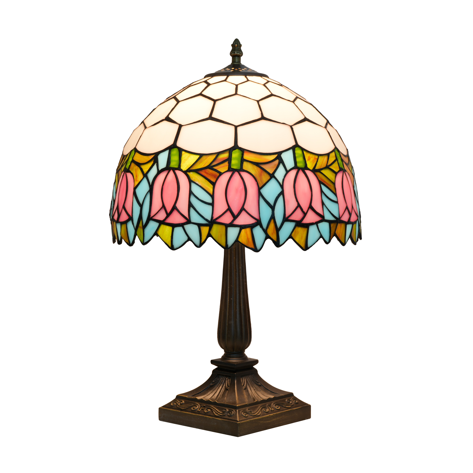 Blivuself 12 Inch Tall Tiffany Style Pink Tulip Glass Lamp, Retro Floral Art Deco Accent Table Light with Vibrant Pink Tulip and Multicolor Stained Glass Shade, Handcrafted Nature Design, Antique Bronze Finished Base, Inline Switch, Suitable for Bedroom, Living Room, Office, Farmhouse, Cottage Home Decor OFT1409