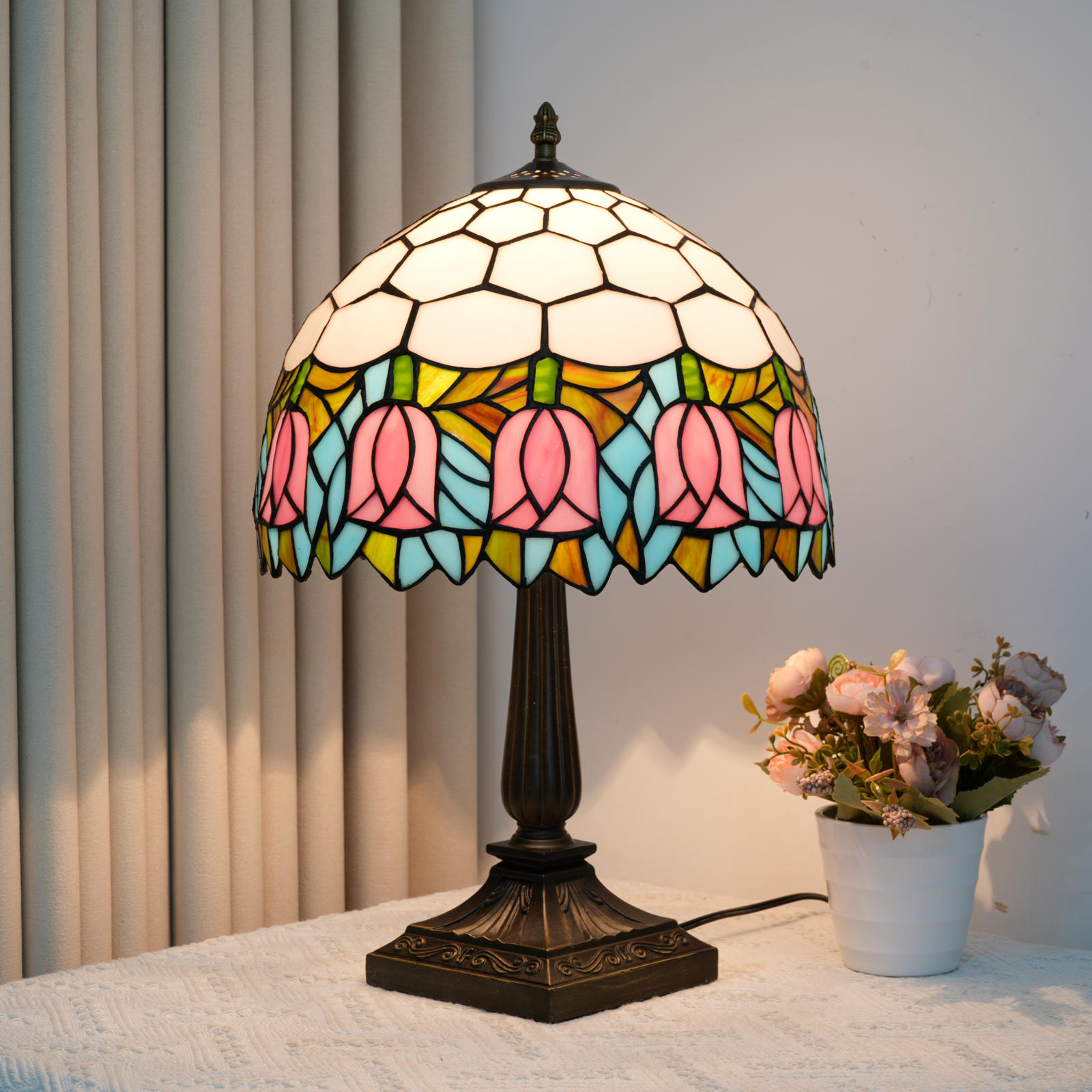 Blivuself 12 Inch Tall Tiffany Style Pink Tulip Glass Lamp, Retro Floral Art Deco Accent Table Light with Vibrant Pink Tulip and Multicolor Stained Glass Shade, Handcrafted Nature Design, Antique Bronze Finished Base, Inline Switch, Suitable for Bedroom, Living Room, Office, Farmhouse, Cottage Home Decor OFT1409