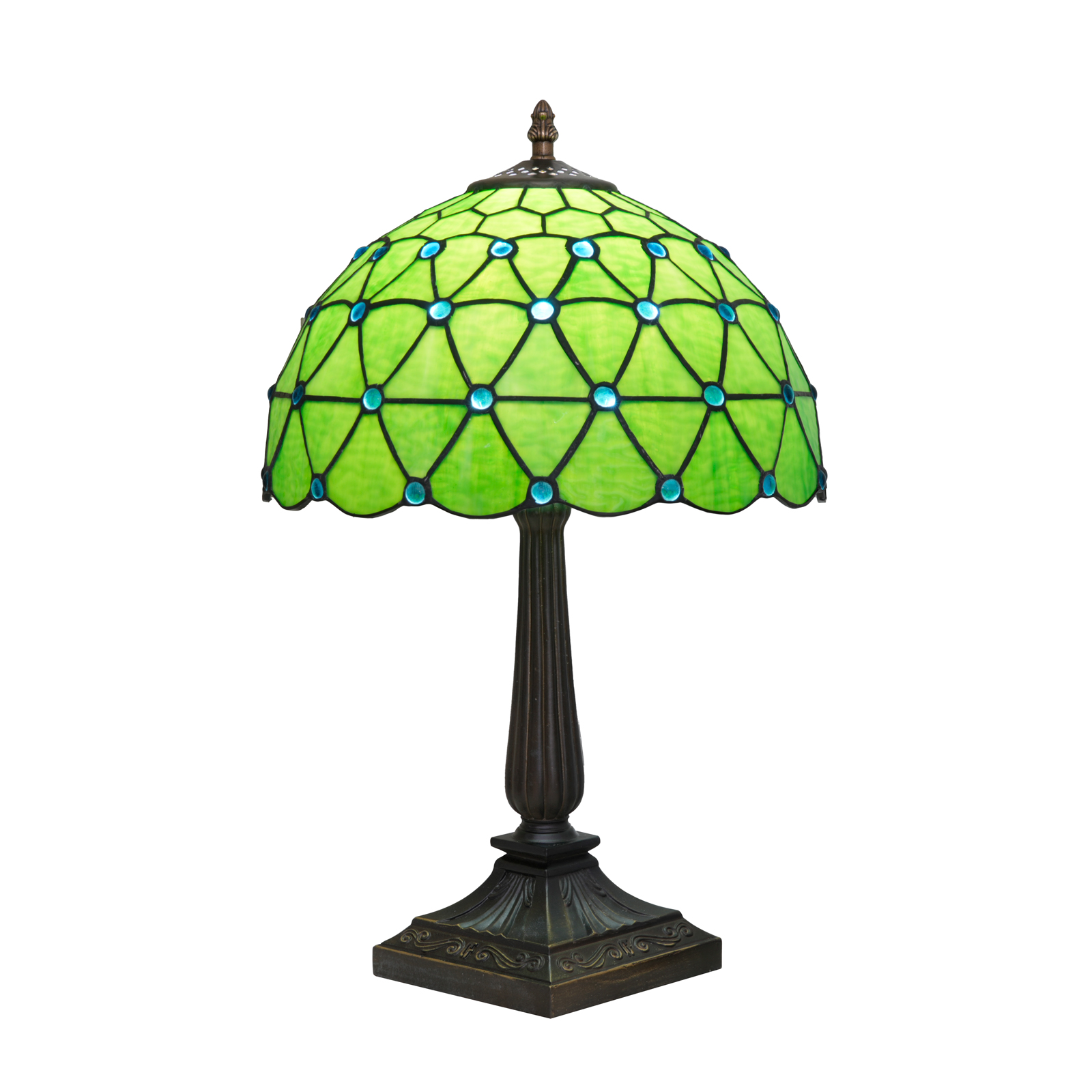 Blivuself 12 Inch Tall Tiffany Style Green Geometric Glass Lamp, Retro Art Deco Accent Table Light with Vibrant Green and Blue Jewel Stained Glass Shade, Nature-Inspired Design, Antique Bronze Finished Base, Inline Switch, Suitable for Bedroom, Living Room, Office, Farmhouse, Cottage Home Decor OFT1410