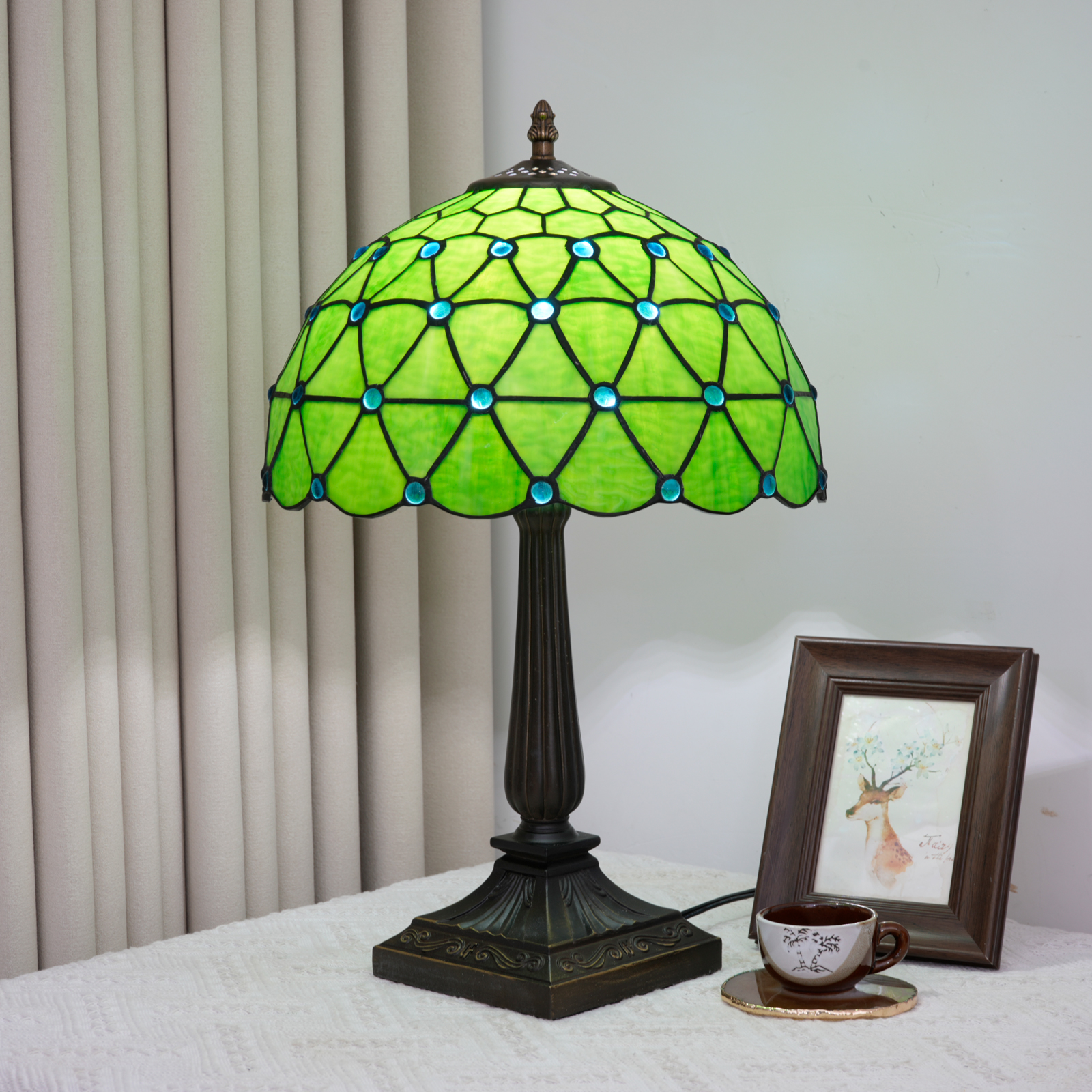 Blivuself 12 Inch Tall Tiffany Style Green Geometric Glass Lamp, Retro Art Deco Accent Table Light with Vibrant Green and Blue Jewel Stained Glass Shade, Nature-Inspired Design, Antique Bronze Finished Base, Inline Switch, Suitable for Bedroom, Living Room, Office, Farmhouse, Cottage Home Decor OFT1410