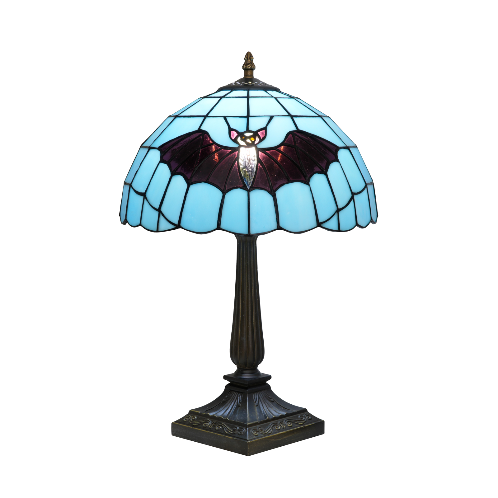 Blivuself 12 Inch Tall Tiffany Style Bat Glass Lamp, Retro Gothic Art Deco Accent Table Light with Vibrant Light Blue and Purple Bat Stained Glass Shade, Handcrafted Whimsical Design, Antique Bronze Finished Base, Inline Switch, Suitable for Bedroom, Living Room, Office, Farmhouse, Halloween Home Decor OFT1411