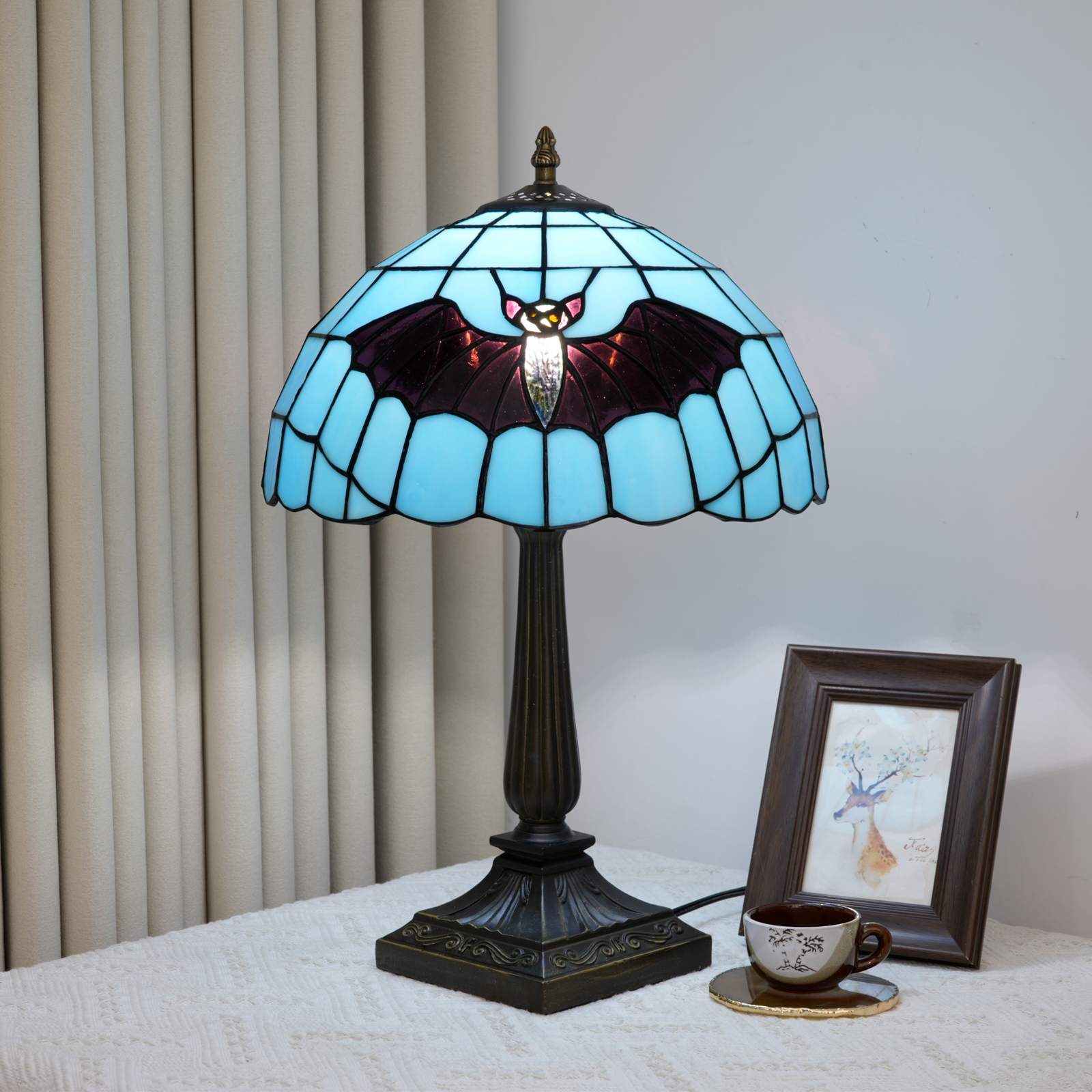 Blivuself 12 Inch Tall Tiffany Style Bat Glass Lamp, Retro Gothic Art Deco Accent Table Light with Vibrant Light Blue and Purple Bat Stained Glass Shade, Handcrafted Whimsical Design, Antique Bronze Finished Base, Inline Switch, Suitable for Bedroom, Living Room, Office, Farmhouse, Halloween Home Decor OFT1411