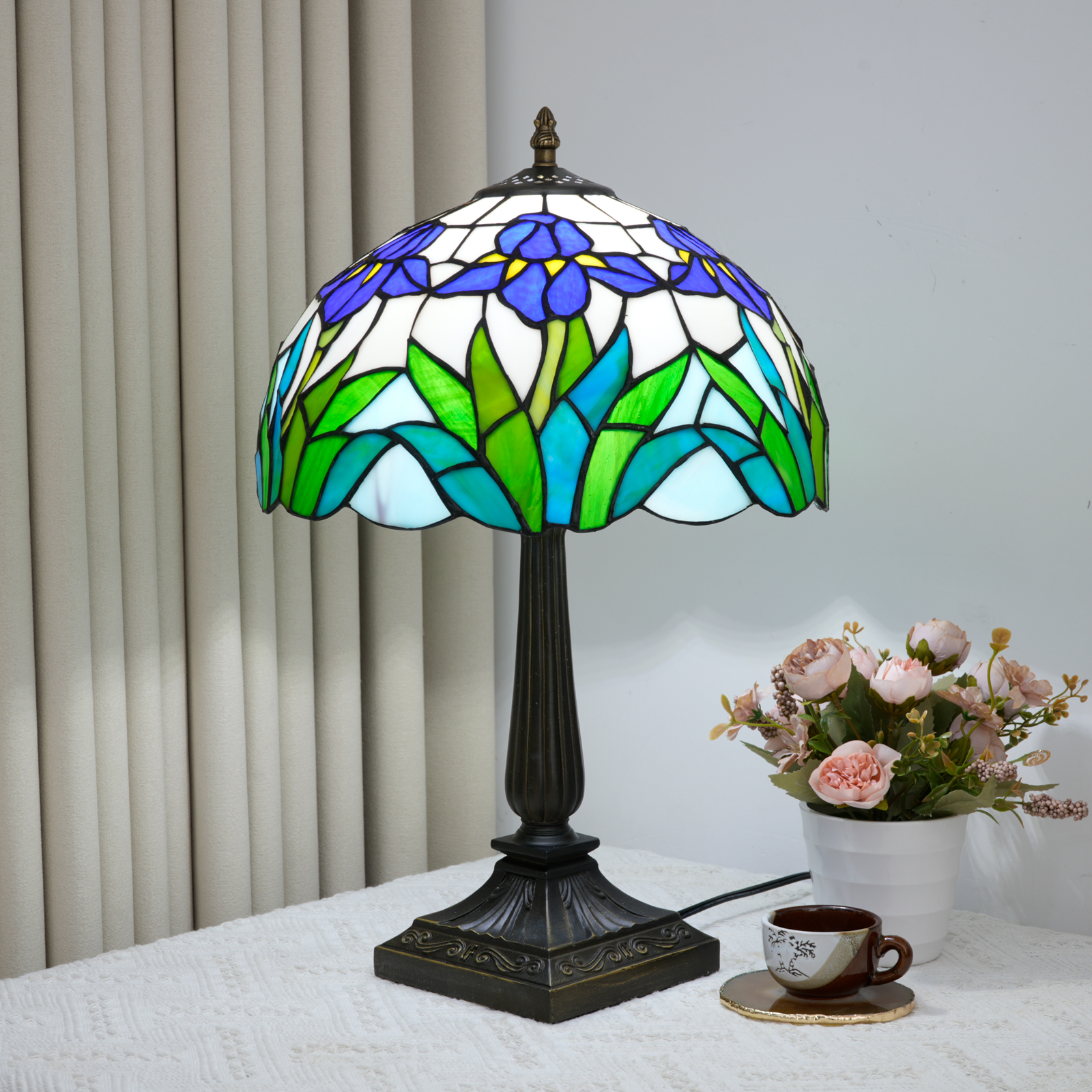 Blivuself 12 Inch Tall Tiffany Style Purple Iris Glass Lamp, Retro Floral Art Deco Accent Table Light with Vibrant Purple Iris and Green Stained Glass Shade, Handcrafted Nature Design, Antique Bronze Finished Base, Inline Switch, Suitable for Bedroom, Living Room, Office, Farmhouse, Cottage Home Decor OFT1412