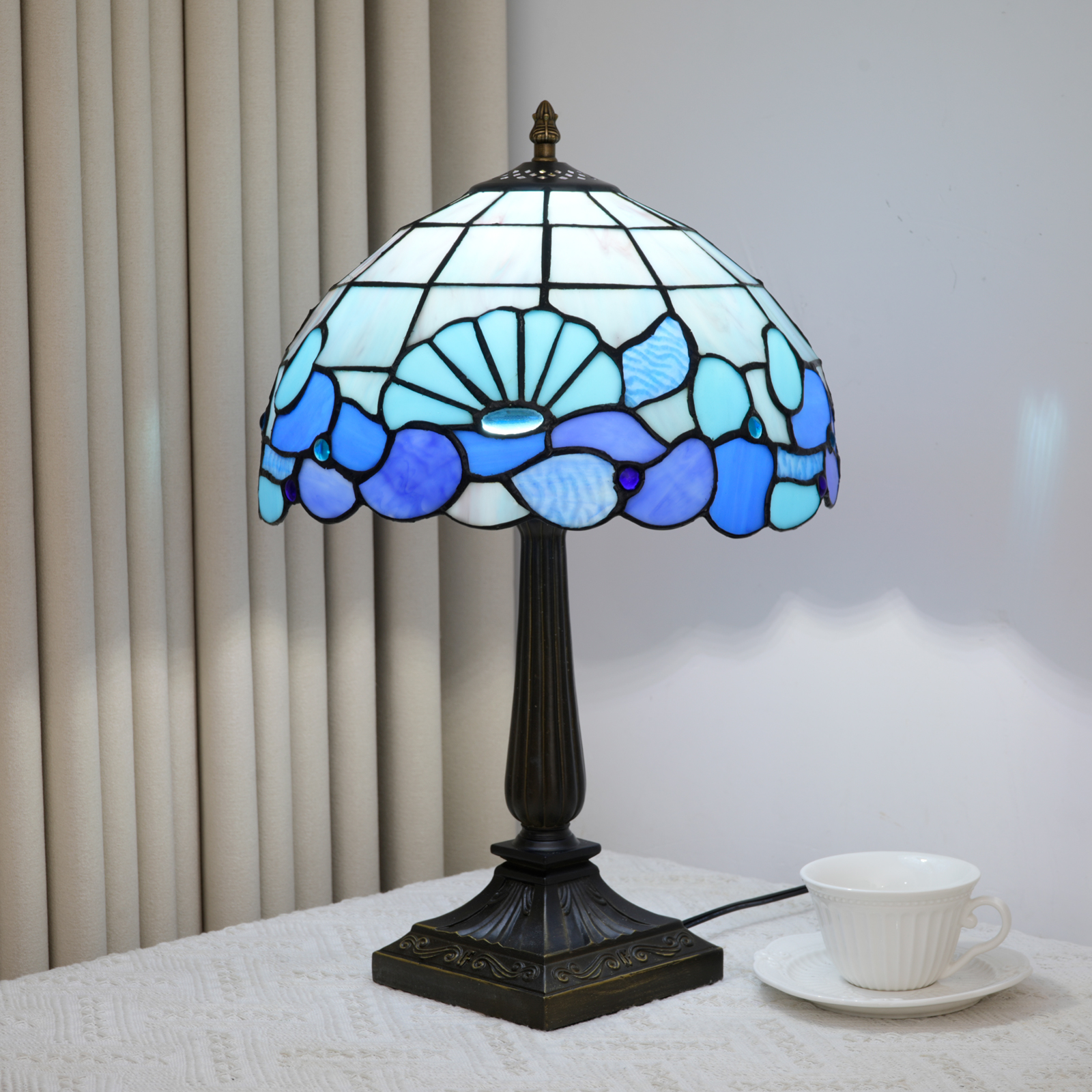 Blivuself Vintage Tiffany Style Iris Floral Table Lamp, 12 Inch Handcrafted Stained Glass Nightstand Light with Purple Iris and Green Leaf Pattern, Nature Inspired Art Deco Accent Lamp, Antique Bronze Metal Base, 57 Inch Cord, Ideal for Bedroom, Living Room, Home Office, Rustic & Boho Decor  OFT1413