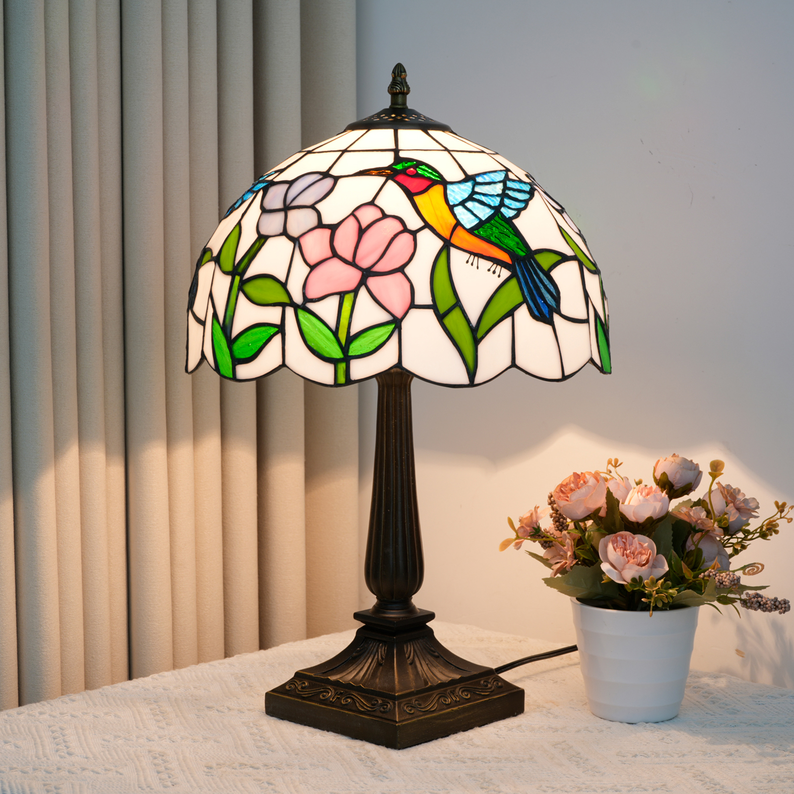 Blivuself Vintage Tiffany Style Seashell Ocean Table Lamp, 12 Inch Handcrafted Stained Glass Nightstand Light with Blue and White Coastal Pattern, Nautical Art Deco Accent Lamp, Jewel Trim, Antique Bronze Metal Base, 57 Inch Cord, Ideal for Bedroom, Living Room, Home Office, Beach House & Coastal Decor OFT1414