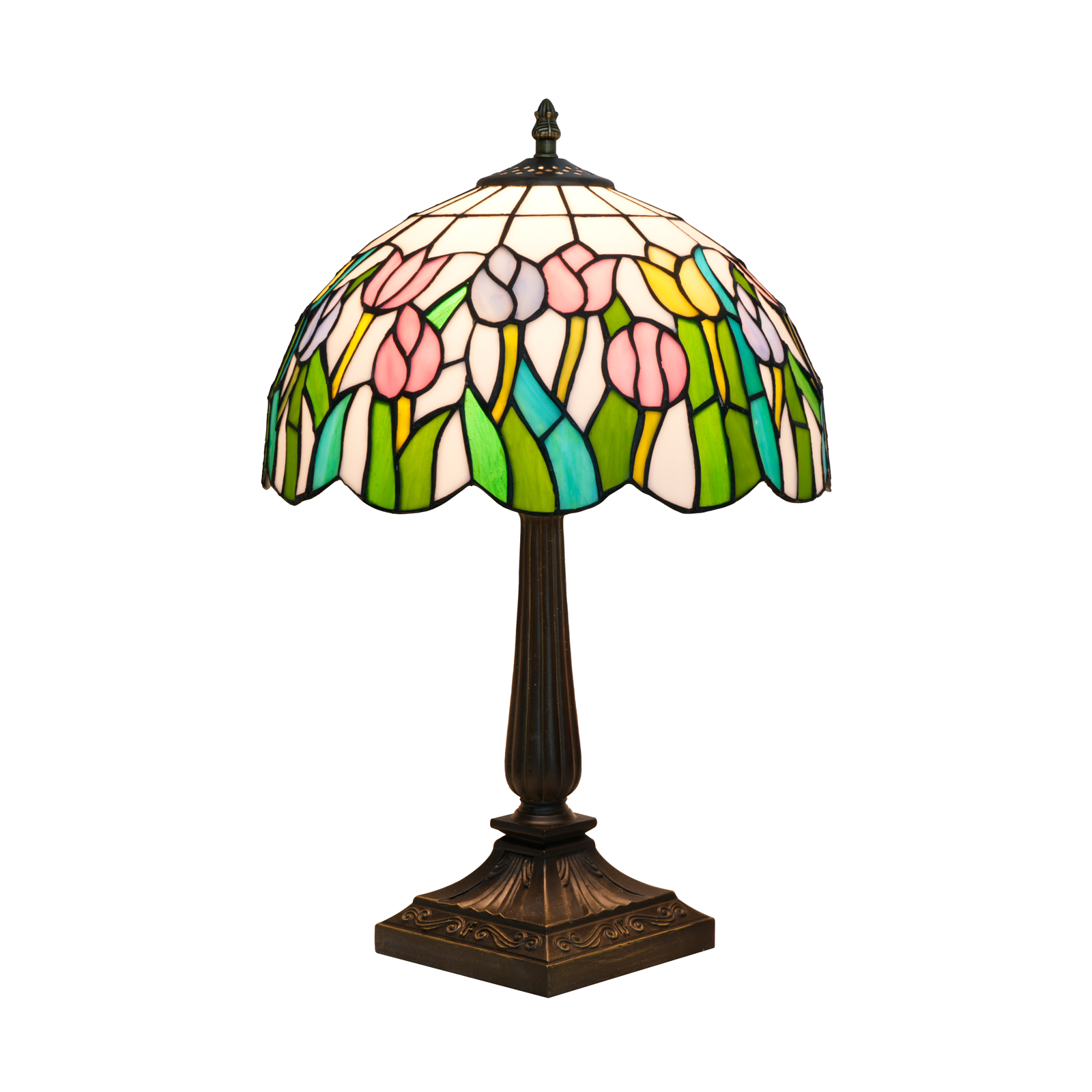 Blivuself Vintage Tiffany Style Tulip Floral Table Lamp, 12 Inch Handcrafted Stained Glass Nightstand Light with Multicolor Pink, Yellow and White Tulip Pattern, Nature Inspired Art Deco Accent Lamp, Antique Bronze Metal Base, 57 Inch Cord, Ideal for Bedroom, Living Room, Home Office, Rustic & Boho Decor OFT1415