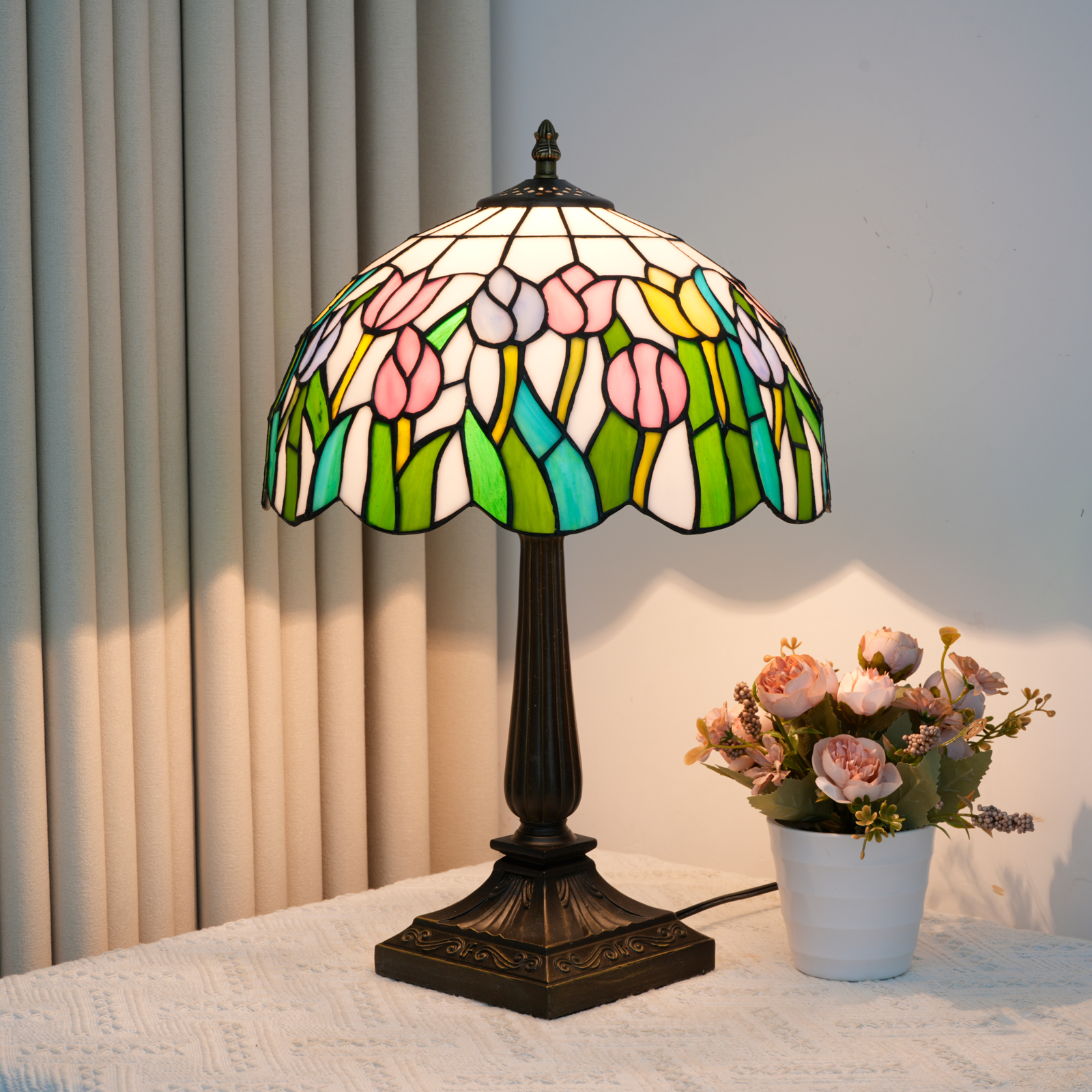 Blivuself Vintage Tiffany Style Tulip Floral Table Lamp, 12 Inch Handcrafted Stained Glass Nightstand Light with Multicolor Pink, Yellow and White Tulip Pattern, Nature Inspired Art Deco Accent Lamp, Antique Bronze Metal Base, 57 Inch Cord, Ideal for Bedroom, Living Room, Home Office, Rustic & Boho Decor OFT1415