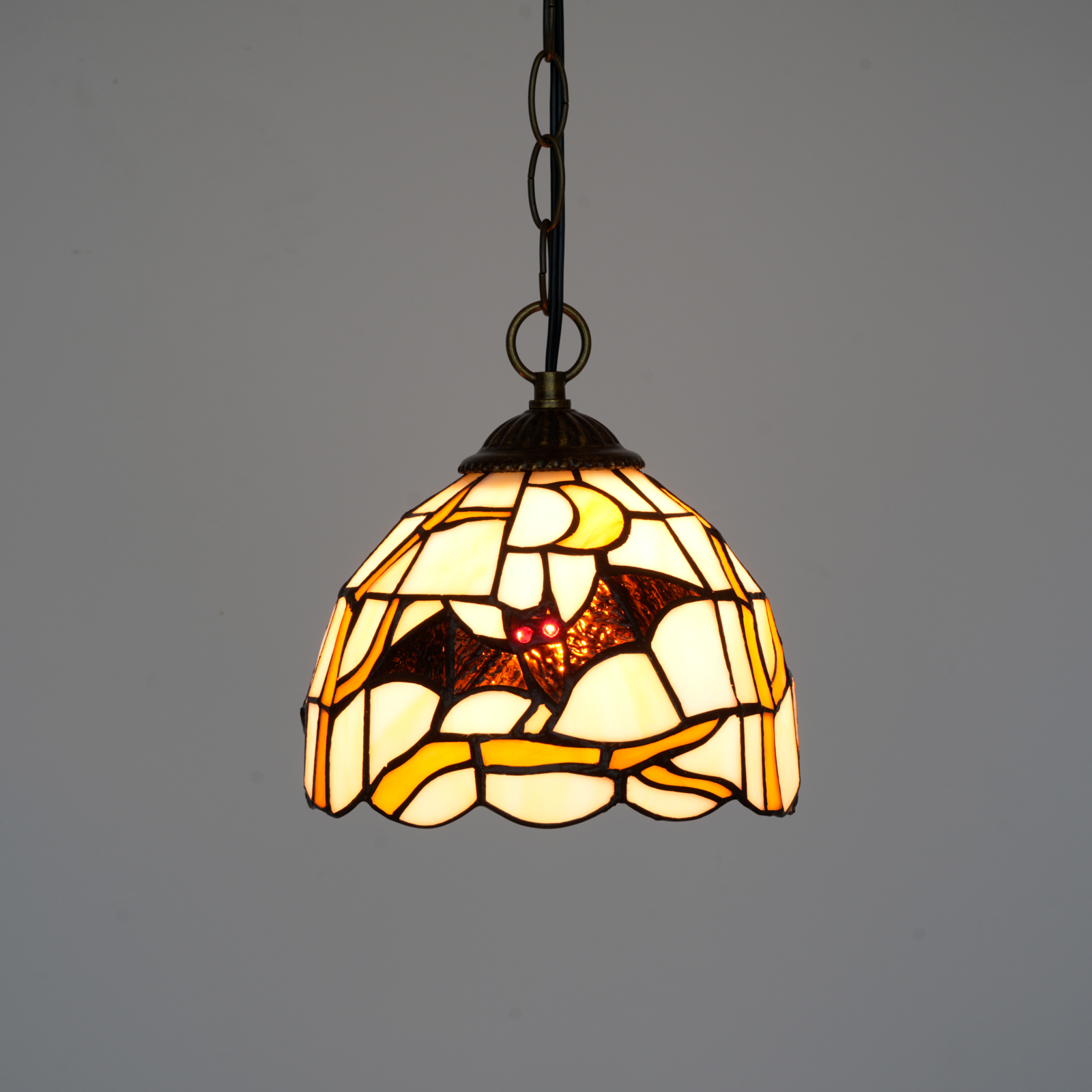 Blivuself Vintage Tiffany Style 8 Inch Bat & Moon Pendant Light, Handcrafted Stained Glass Single Chain Hanging Lamp, Gothic Halloween Themed Ceiling Light with Plug-in Cord and Inline Switch, Antique Bronze, Ideal for Kitchen Island, Dining Room, Bedroom, Spooky & Gothic Decor OFP1433 