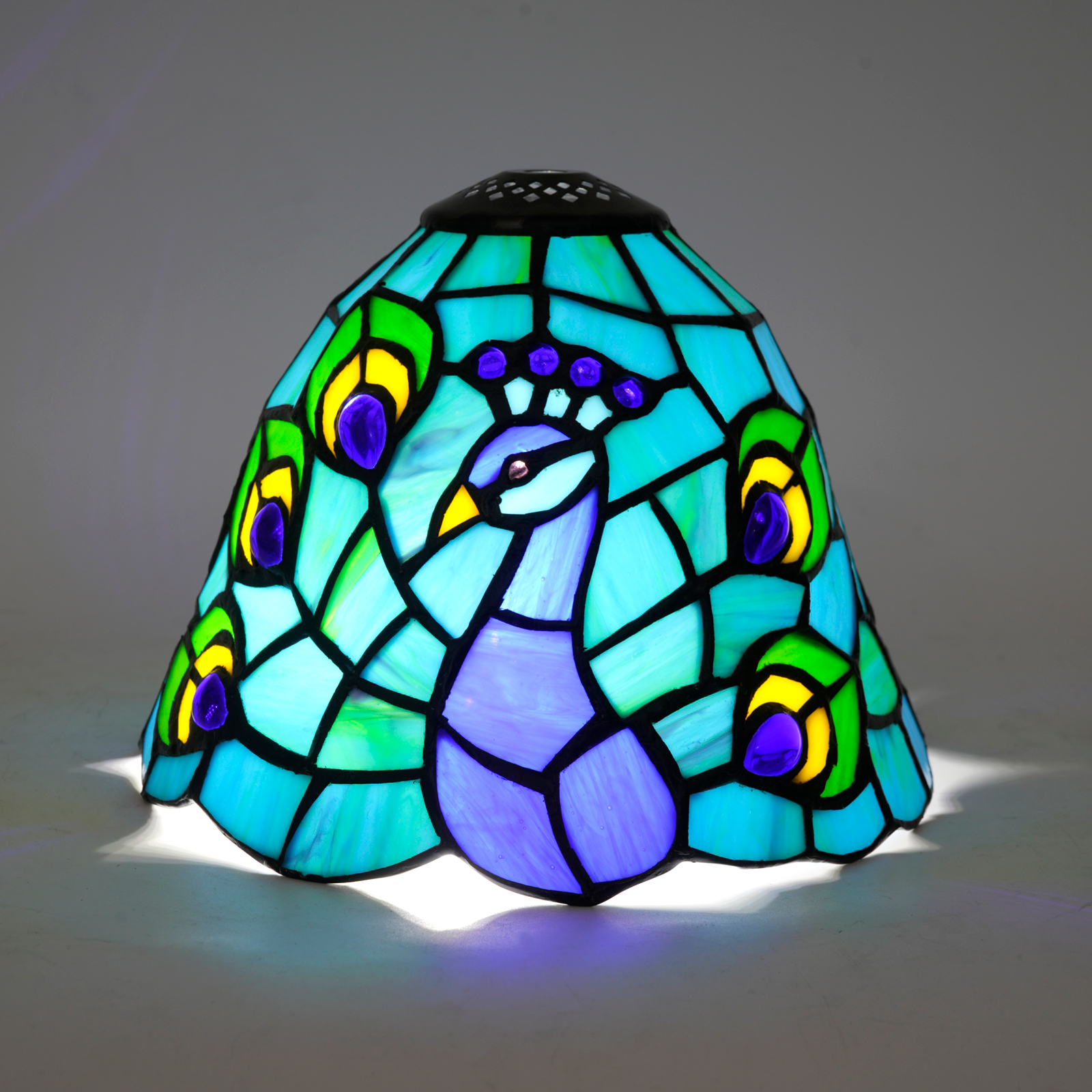 Blivuself Vintage Tiffany Style Peacock Lamp Shade, 8 Inch Handcrafted Stained Glass Replacement Shade, Elegant Peacock Pattern Light Cover with Blue, Purple and Jewel Accents, Fits Standard Table Lamps, Pendant Lights, and Sconces DZ08097X