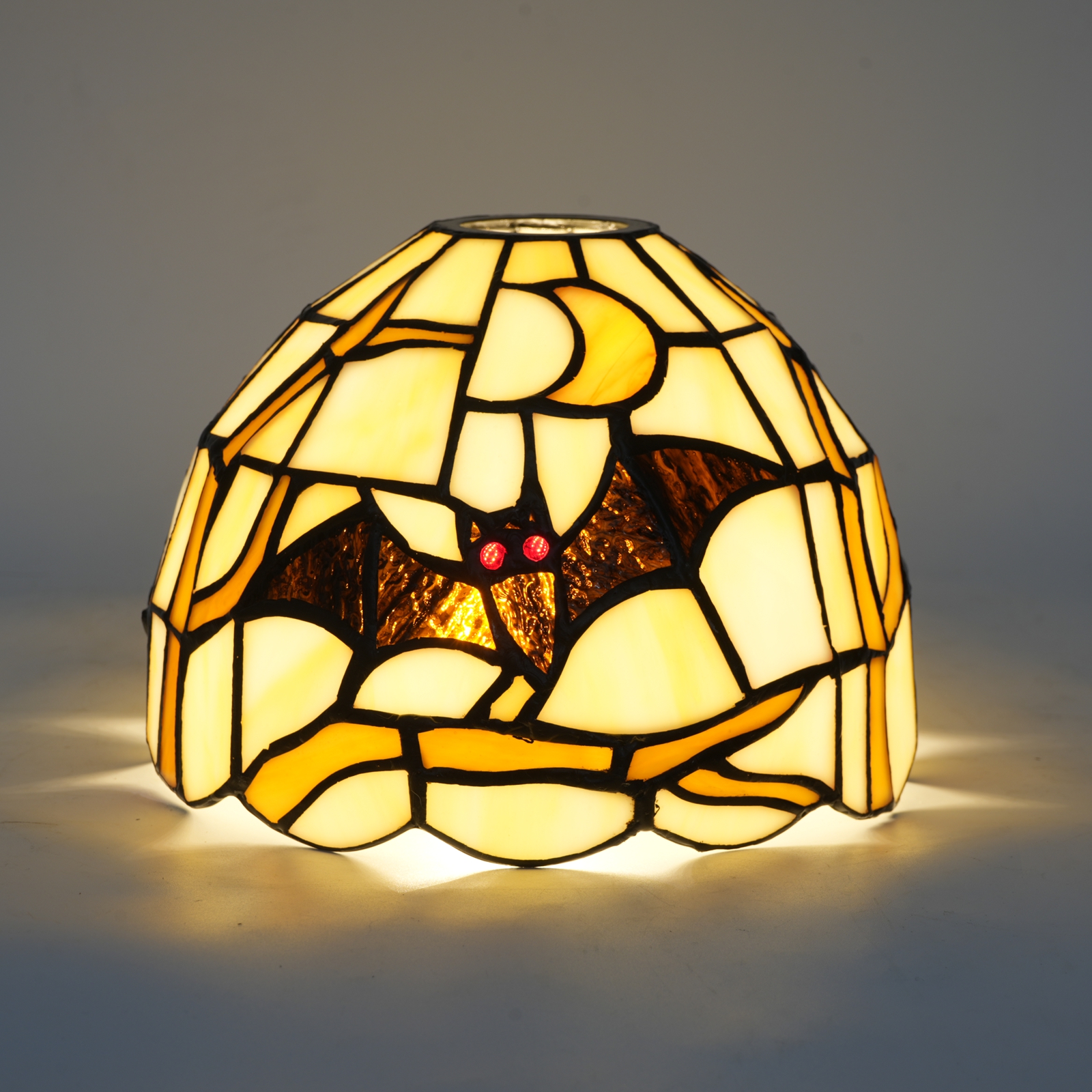 Blivuself Vintage Tiffany Style 8 Inch Wide Mouth Bat & Moon Lamp Shade, Handcrafted Stained Glass Replacement Shade, Gothic Halloween Pattern Light Cover with Black Bat and Orange Moon, Fits Standard Table Lamps, Pendant Lights, and Sconces DZ08098D