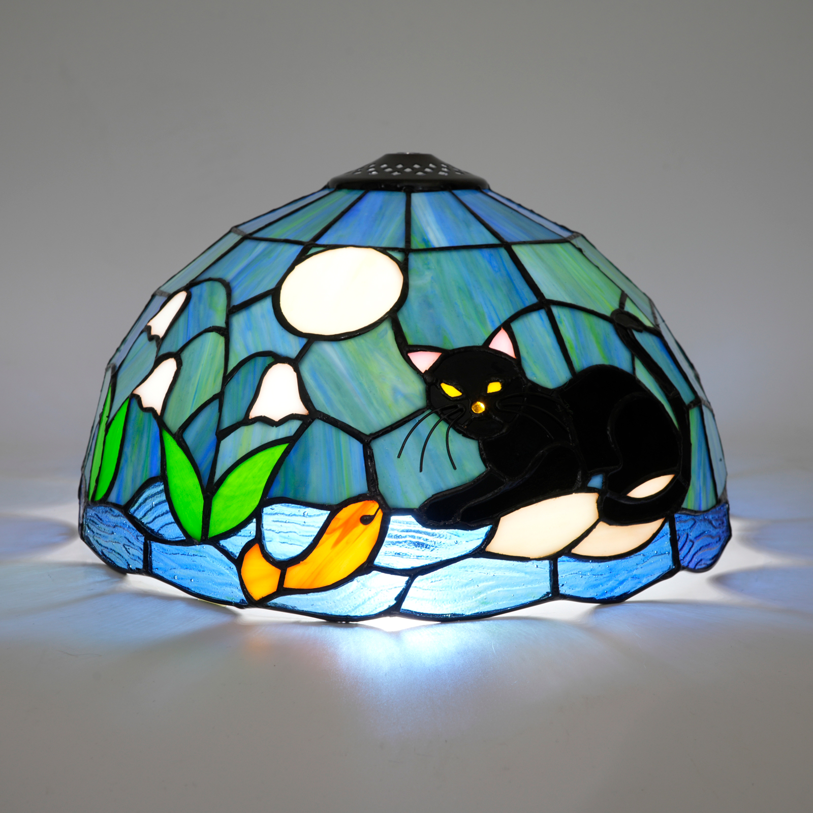 Blivuself 12 Inch Tiffany Style Black Cat Night Scene Stained Glass Lamp Shade, Handcrafted Blue Glass Cover with Cat, Fish & Moon Design for Table Lamps, Pendant Lights, Wall Sconces, Vintage Art Deco Home Decor DZ08098X