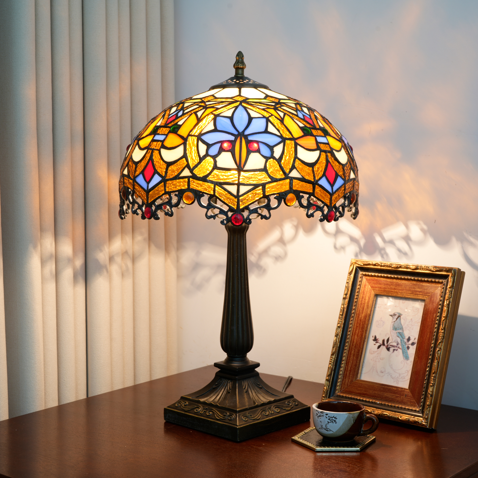 Blivuself 12 Inch Tiffany Style Mission Stained Glass Table Lamp, Art Deco Geometric Desk Light with Orange, Blue, Yellow & White Handcrafted Glass Shade, Antique Bronze Finished Metal Base, Perfect for Living Room, Bedroom, Office, Nightstand & Traditional Home Decor  OFT1438