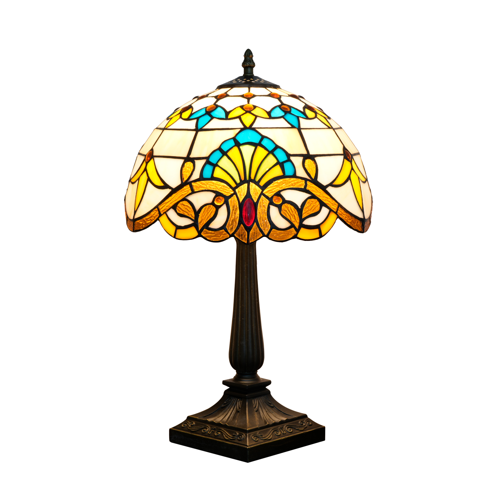 Blivuself 12 Inch Tiffany Style Baroque Pattern Stained Glass Table Lamp, Vintage Ornate Art Deco Desk Light with Multicolor Fan Motif & Red Jewel Accent Shade, Antique Bronze Metal Base, for Living Room, Bedroom, Office, Nightstand & Traditional Home Decor  OFT1439