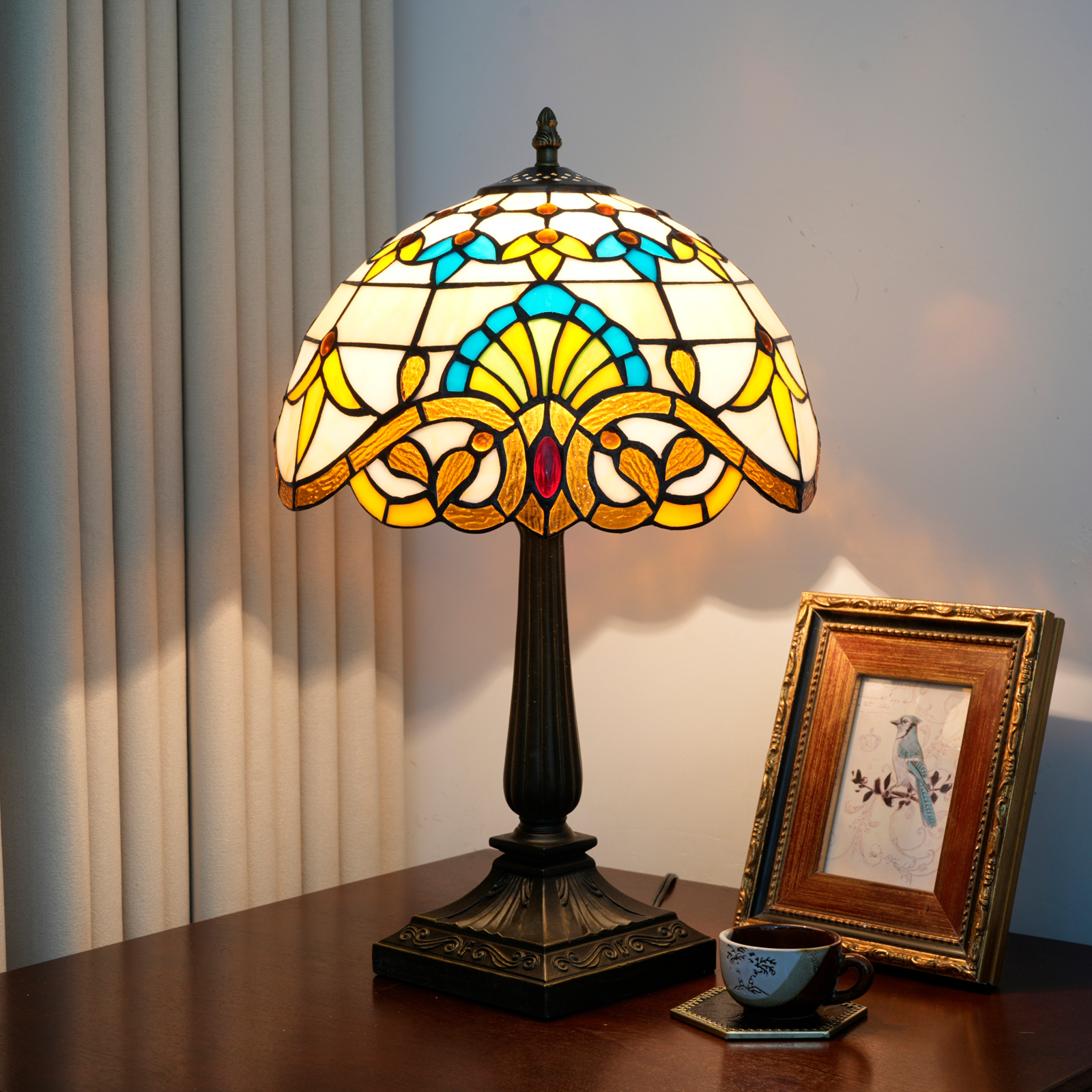 Blivuself 12 Inch Tiffany Style Baroque Pattern Stained Glass Table Lamp, Vintage Ornate Art Deco Desk Light with Multicolor Fan Motif & Red Jewel Accent Shade, Antique Bronze Metal Base, for Living Room, Bedroom, Office, Nightstand & Traditional Home Decor  OFT1439