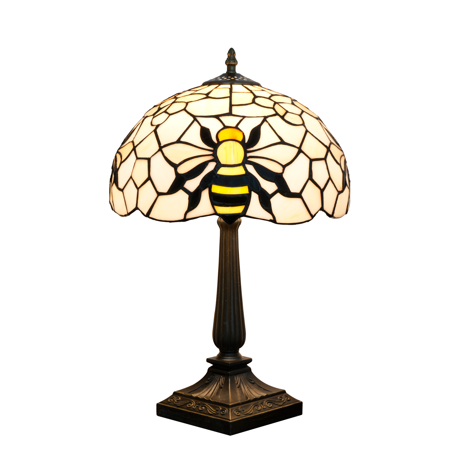 Blivuself 12 Inch Tiffany Style Baroque Pattern Stained Glass Table Lamp, Vintage Ornate Art Deco Desk Light with Multicolor Fan Motif & Red Jewel Accent Shade, Antique Bronze Metal Base, for Living Room, Bedroom, Office, Nightstand & Traditional Home Decor OFT1440
