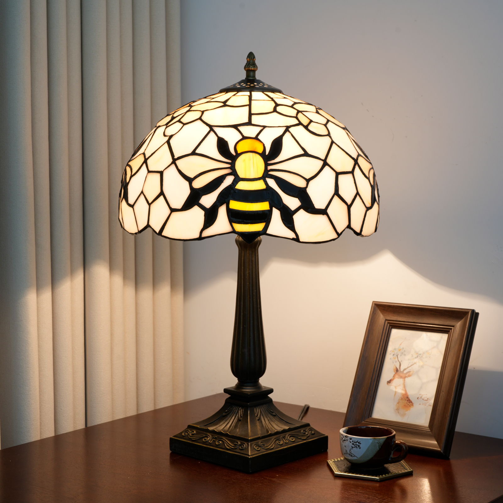 Blivuself 12 Inch Tiffany Style Baroque Pattern Stained Glass Table Lamp, Vintage Ornate Art Deco Desk Light with Multicolor Fan Motif & Red Jewel Accent Shade, Antique Bronze Metal Base, for Living Room, Bedroom, Office, Nightstand & Traditional Home Decor OFT1440