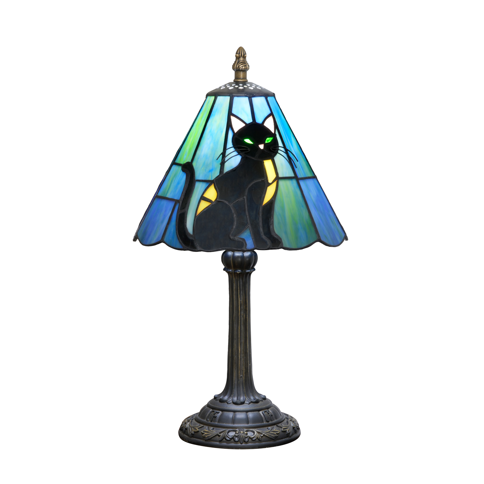 Blivuself 8 Inch Tiffany Style Black Cat Stained Glass Table Lamp, Small Whimsical Blue Night Light Desk Lamp with Black Cat Motif, Antique Bronze Resin Base, for Living Room, Bedroom, Office, Nightstand & Cat Lover Home Decor OFU1446