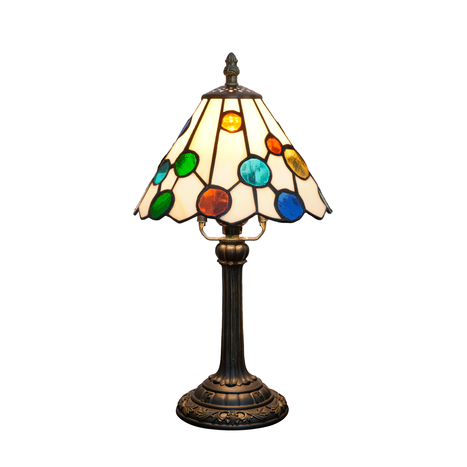 Blivuself 8 Inch Tiffany Style Multicolor Polka Dot Stained Glass Table Lamp, Small Whimsical Desk Light with Rainbow Jewel Accent Shade, Antique Bronze Resin Base, for Living Room, Bedroom, Office, Nightstand & Kids Room Decor OFU1447