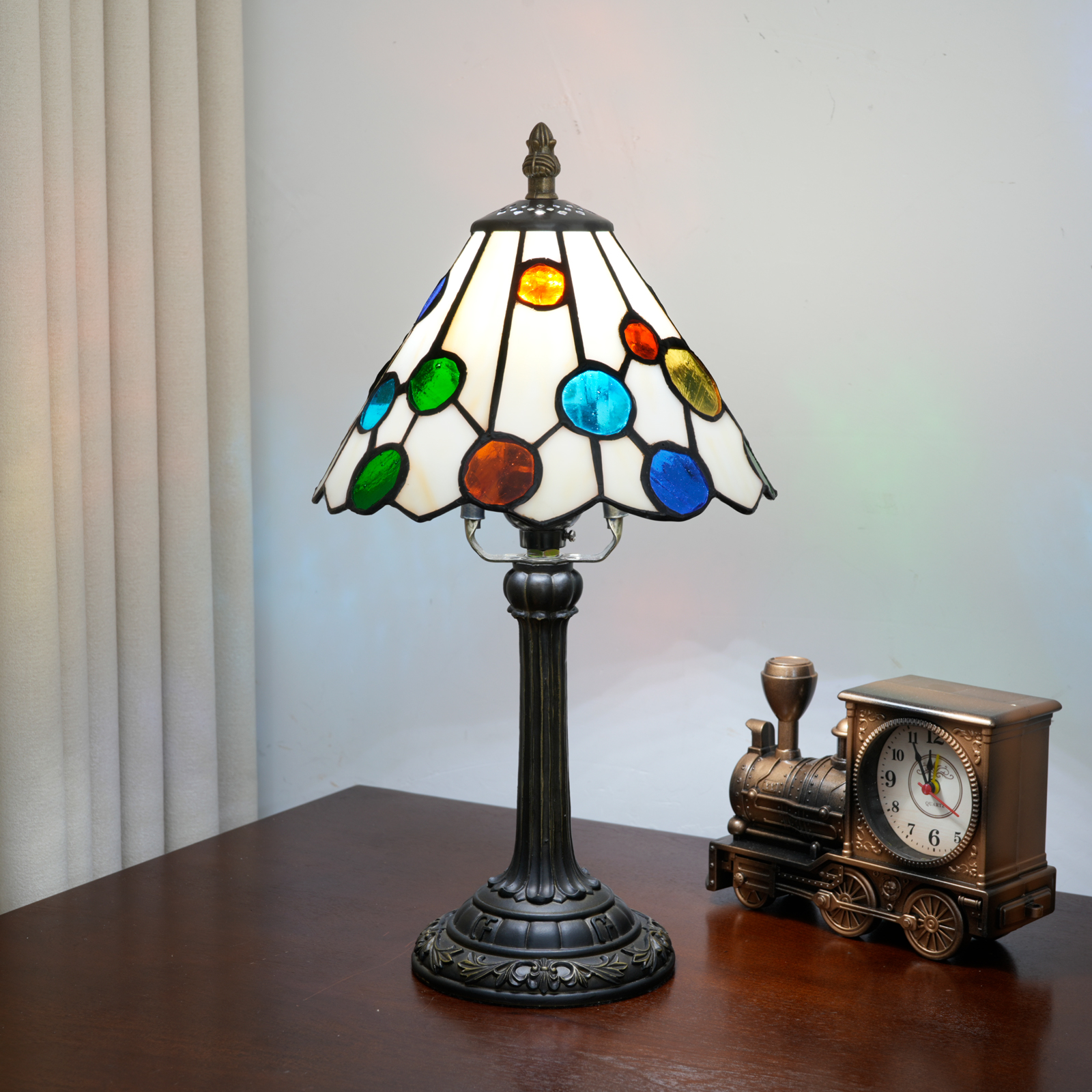 Blivuself 8 Inch Tiffany Style Multicolor Polka Dot Stained Glass Table Lamp, Small Whimsical Desk Light with Rainbow Jewel Accent Shade, Antique Bronze Resin Base, for Living Room, Bedroom, Office, Nightstand & Kids Room Decor OFU1447