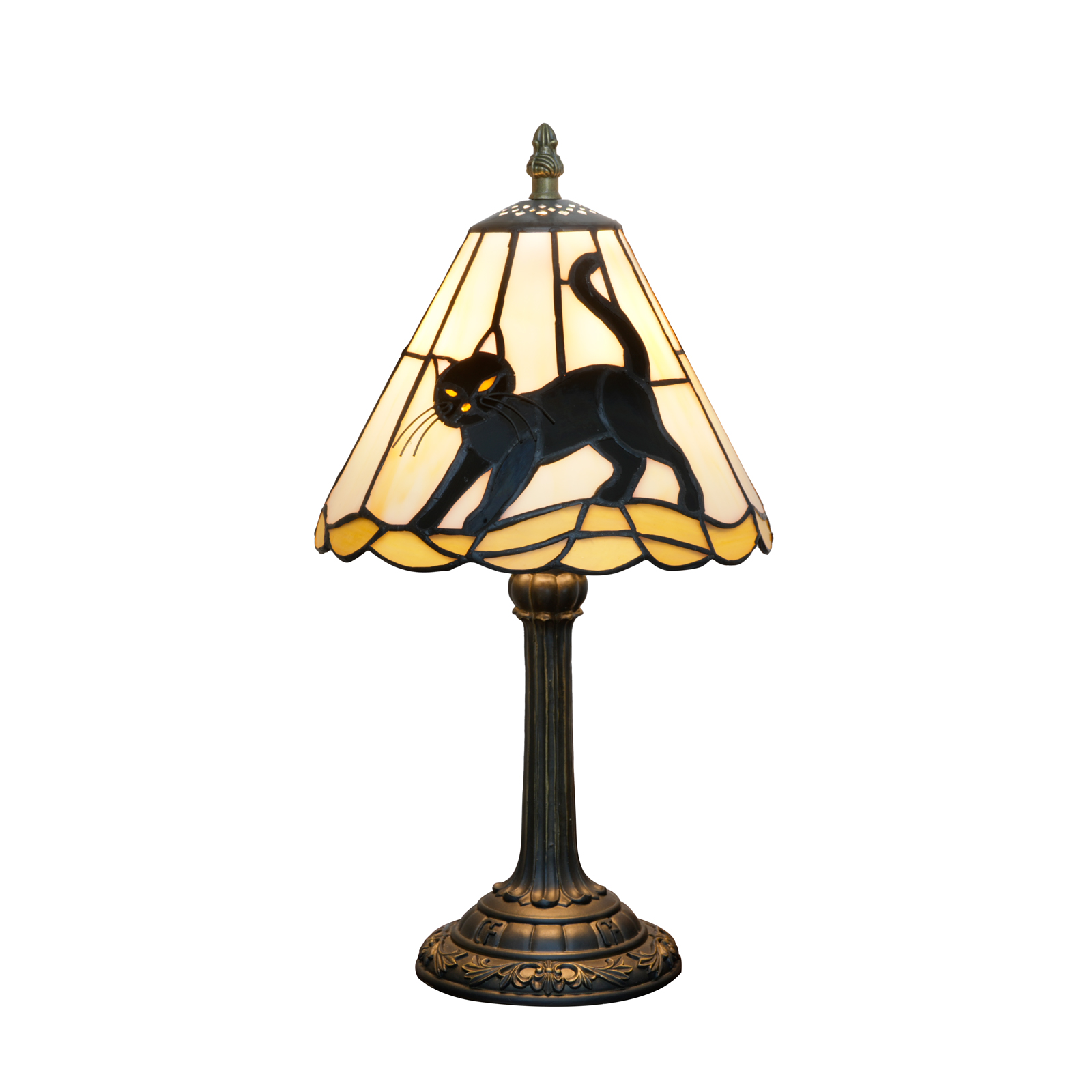 Blivuself 8 Inch Tiffany Style Black Cat Stained Glass Table Lamp, Small Whimsical Cat Night Light Desk Lamp with Walking Black Cat Motif on Cream & Yellow Glass Shade, Antique Bronze Resin Base, for Living Room, Bedroom, Office, Nightstand & Cat Lover Home Decor  OFU1449