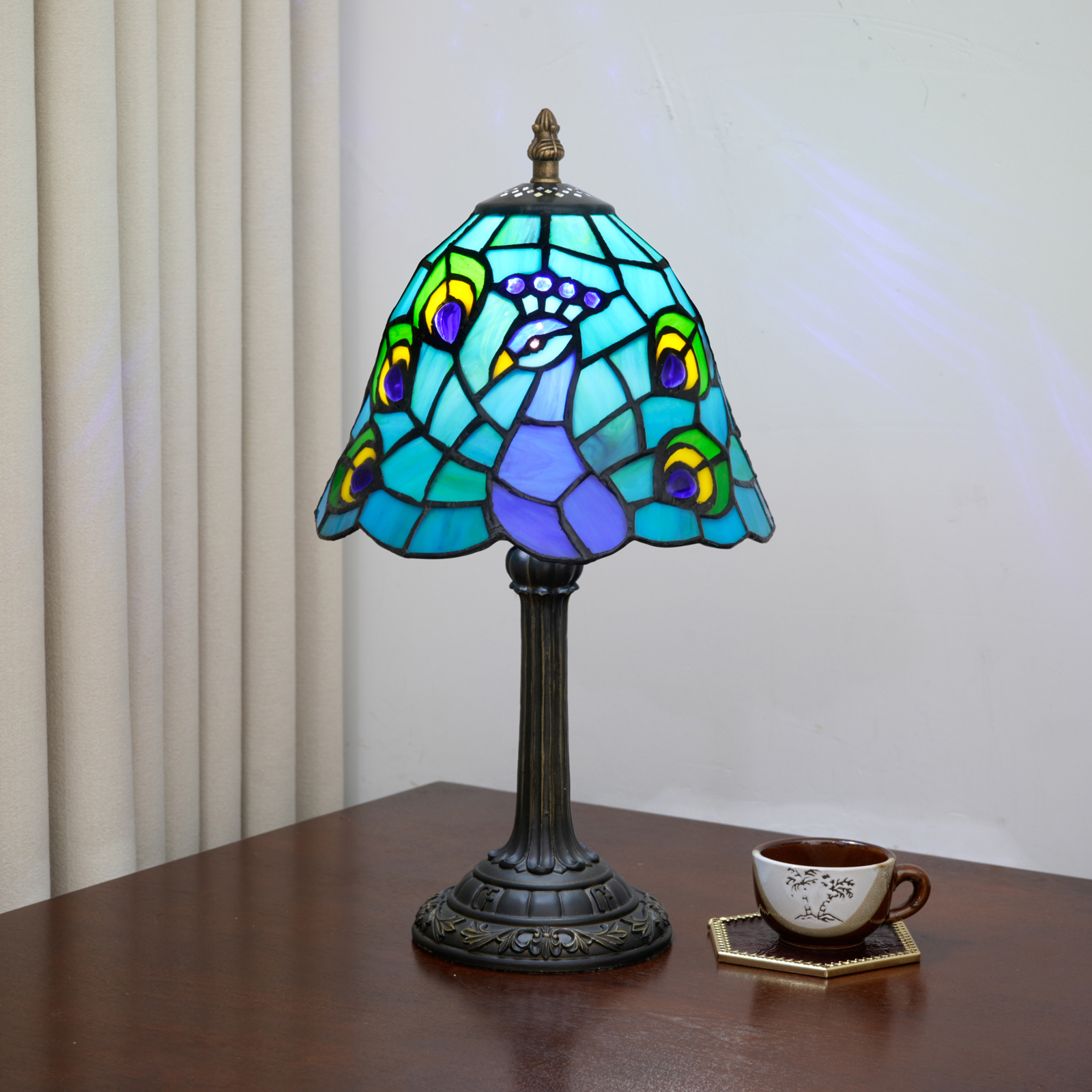 Blivuself 8 Inch Tiffany Style Lily of the Valley Stained Glass Table Lamp, Small Floral Night Light Desk Lamp with Blue Sky & Green Leaf Shade, Antique Bronze Resin Base, for Living Room, Bedroom, Office, Nightstand & Nature-Inspired Home Decor OFU1451