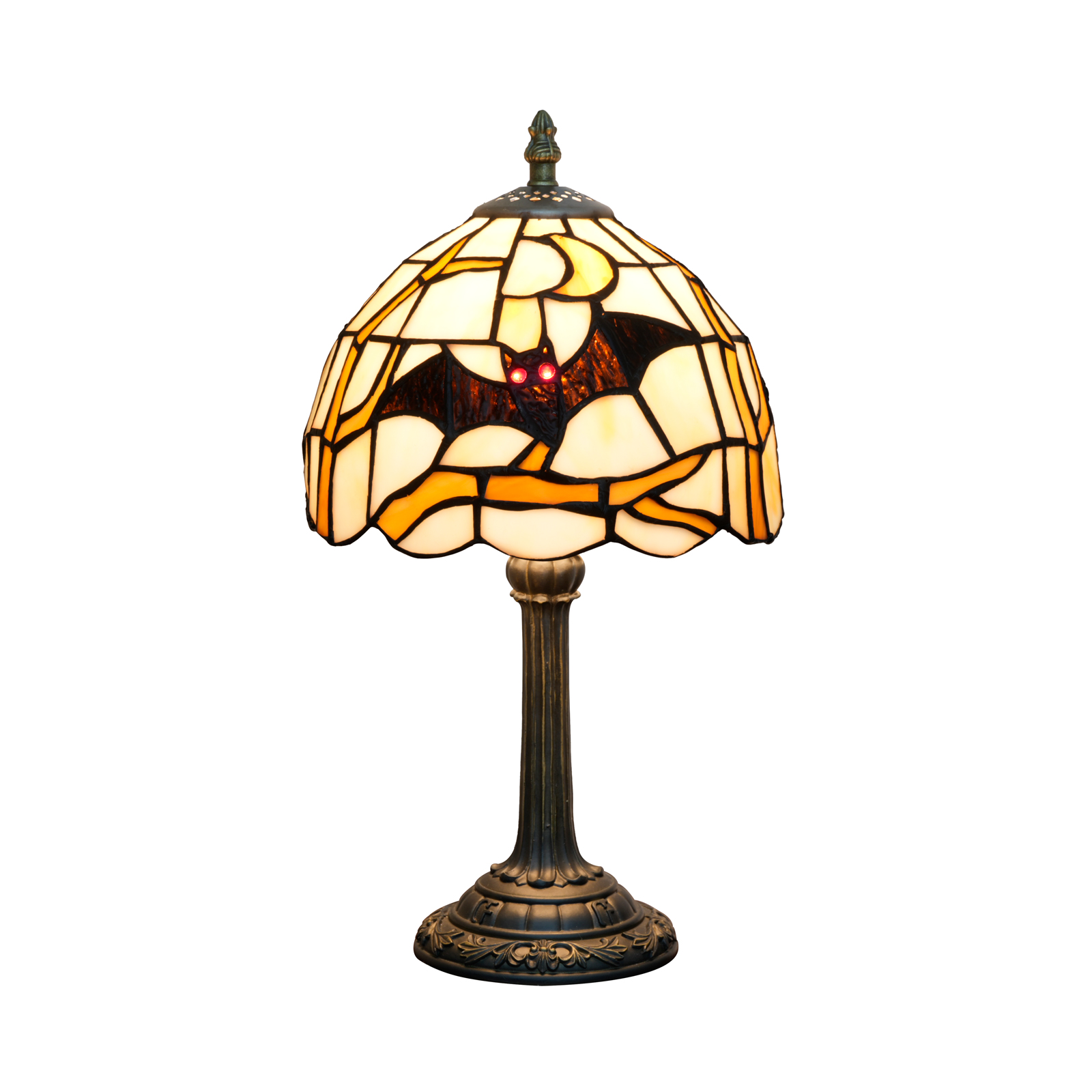 Blivuself 12 Inch Tiffany Style Bat & Moon Stained Glass Table Lamp, Gothic Halloween Nightmare Desk Light with Spooky Black Bat Motif on Cream & Orange Glass Shade, Antique Bronze Metal Base, for Living Room, Bedroom, Office, Nightstand & Gothic Home Decor  OFU1452