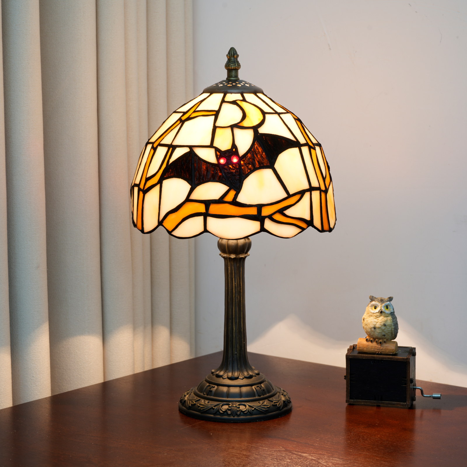 Blivuself 12 Inch Tiffany Style Bat & Moon Stained Glass Table Lamp, Gothic Halloween Nightmare Desk Light with Spooky Black Bat Motif on Cream & Orange Glass Shade, Antique Bronze Metal Base, for Living Room, Bedroom, Office, Nightstand & Gothic Home Decor  OFU1452