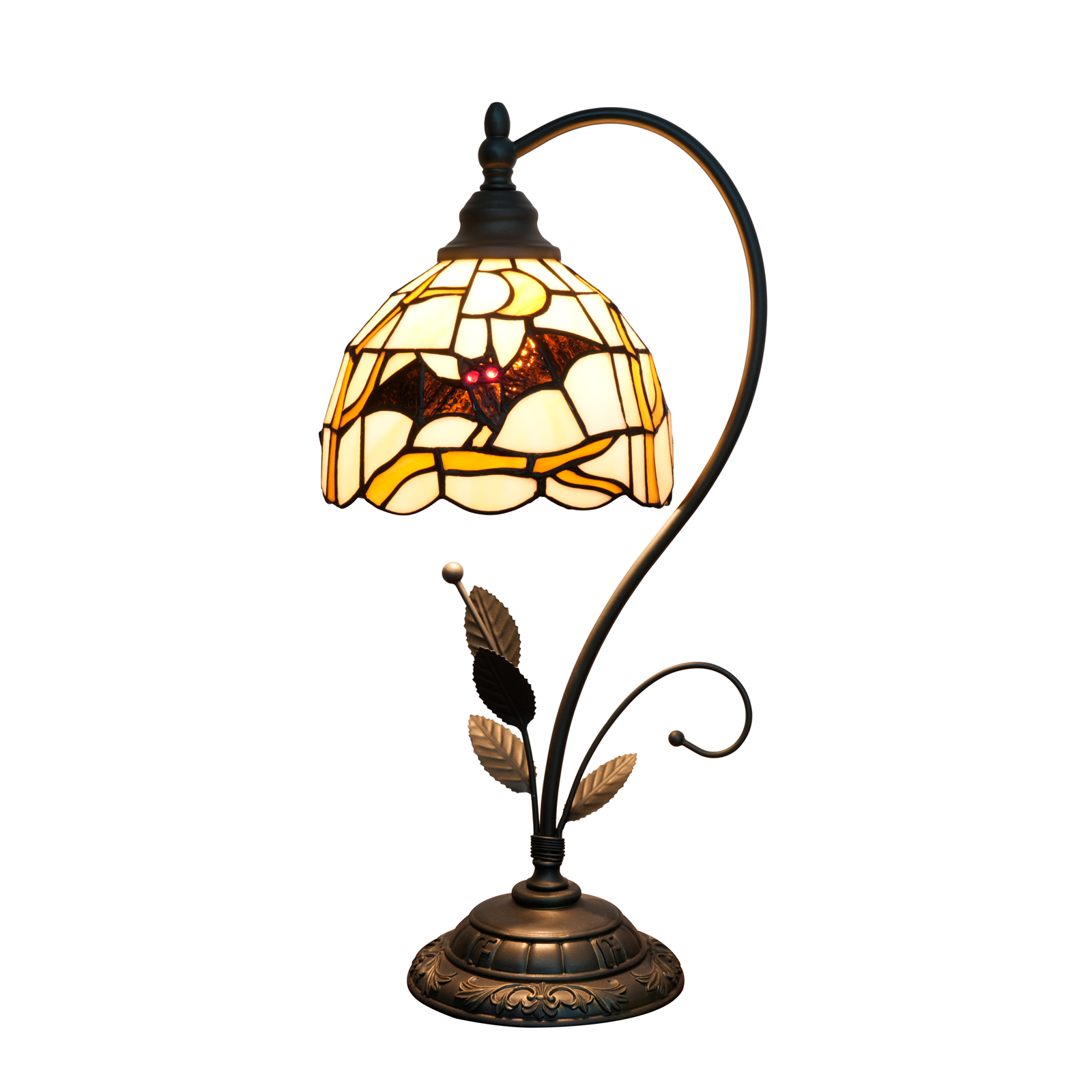 Blivuself 8 Inch Tiffany Style Bat & Moon Stained Glass Desk Lamp, Gothic Halloween Night Light with Spooky Black Bat Shade, Curved Black Metal Leaf Base, for Living Room, Bedroom, Office, Nightstand & Gothic Home Decor OFU1453