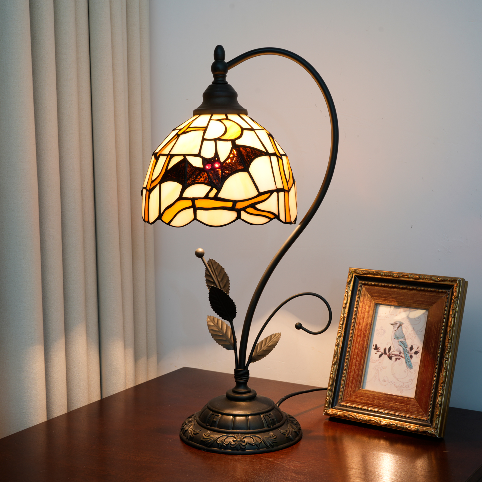 Blivuself 8 Inch Tiffany Style Bat & Moon Stained Glass Desk Lamp, Gothic Halloween Night Light with Spooky Black Bat Shade, Curved Black Metal Leaf Base, for Living Room, Bedroom, Office, Nightstand & Gothic Home Decor OFU1453