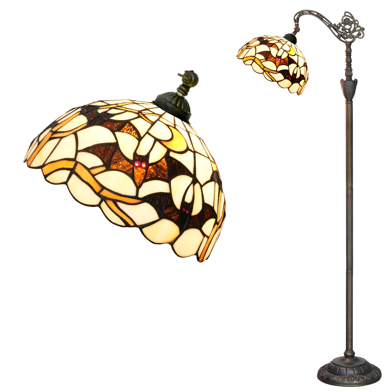 Blivuself 12 Inch Tiffany Style Bat & Moon Stained Glass Floor Lamp, Gothic Halloween Arched Reading Light with Spooky Black Bat Dome Shade, Antique Bronze Metal Base, for Living Room, Bedroom, Office & Gothic Home Decor OFX048