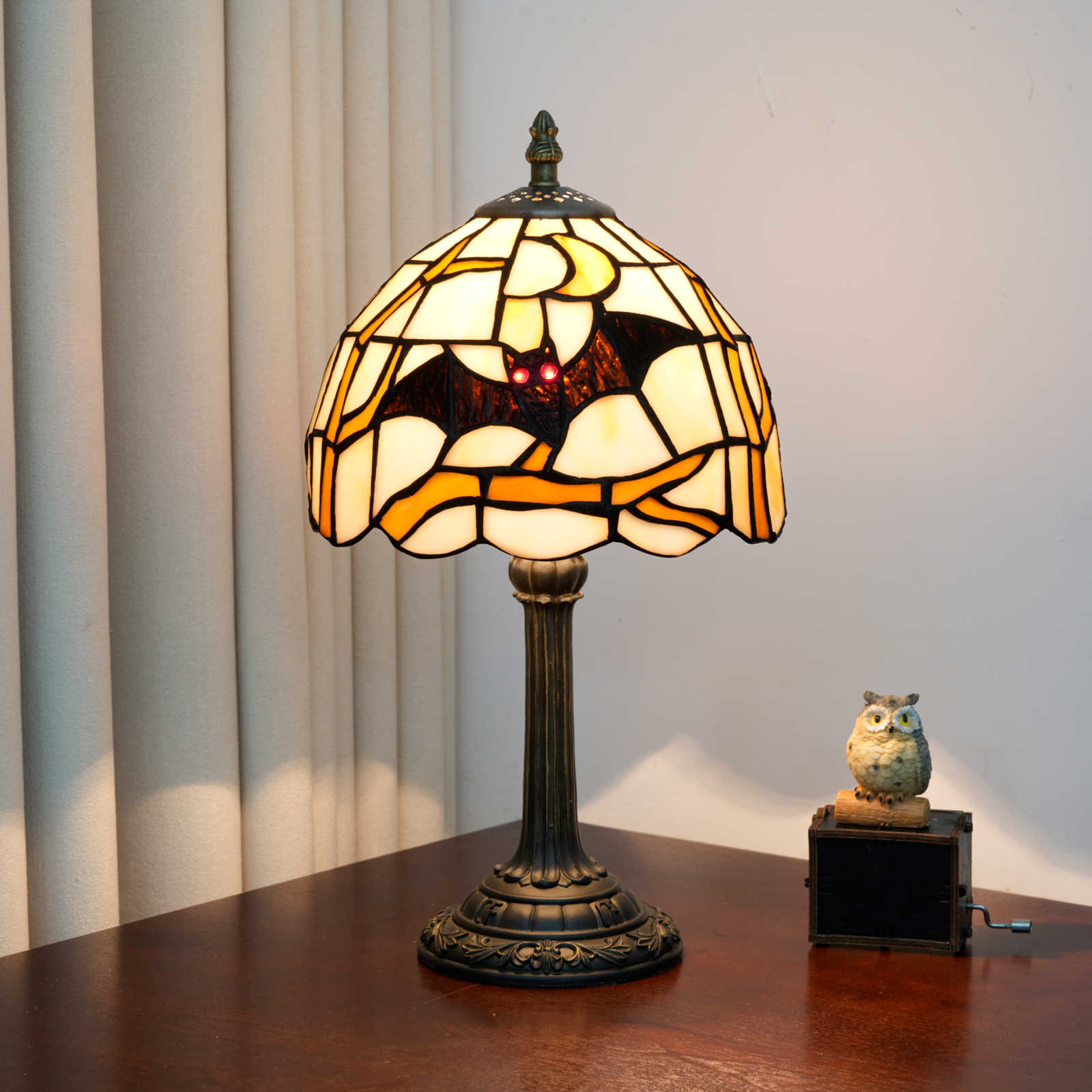 Blivuself 12 Inch Tiffany Style Bat & Moon Stained Glass Table Lamp, Gothic Halloween Nightmare Desk Light with Spooky Black Bat Motif on Cream & Orange Glass Shade, Antique Bronze Metal Base, for Living Room, Bedroom, Office, Nightstand & Gothic Home Decor  OFU1452